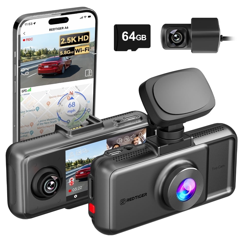 REDTIGER A6 Dash Cam Front and Rear, 4K/2.5K+1080P 5.8G WiFi & GPS dashcam, 3 Channel dash Cam with 64GB Card, 2.5K+1080P+1080P Dash Camera for Car, Super Night Vision, Loop Recording, Parking Mode