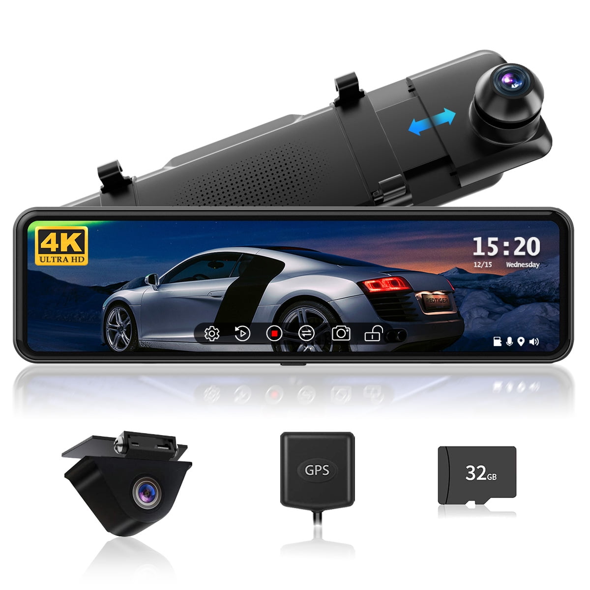 REDTIGER Rear View Mirror Dashcam, 4K UHD Front and 1080P Rear 11'' Mirror Car Dash Cam, Night Vision, Smart Reverse Parking Assistance, Vehicle, Free 32 GB Card