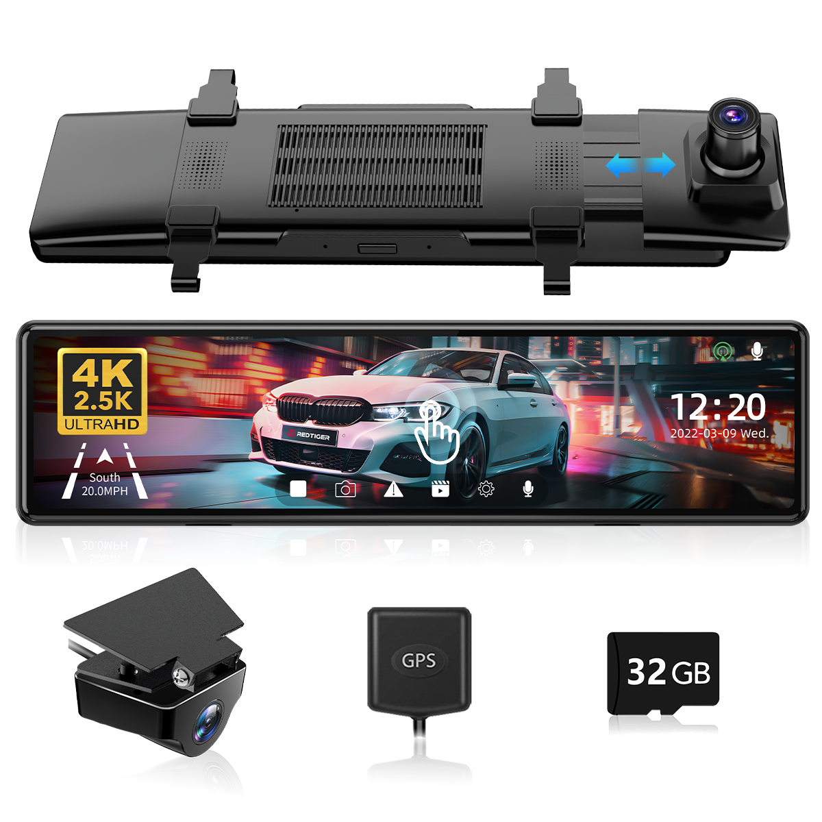 REDTIGER 11" UHD Full Touch Screen Rearview Mirror Dash Cam, 4K Front and 2.5K Rear Backup Camera, Night Vision, GPS