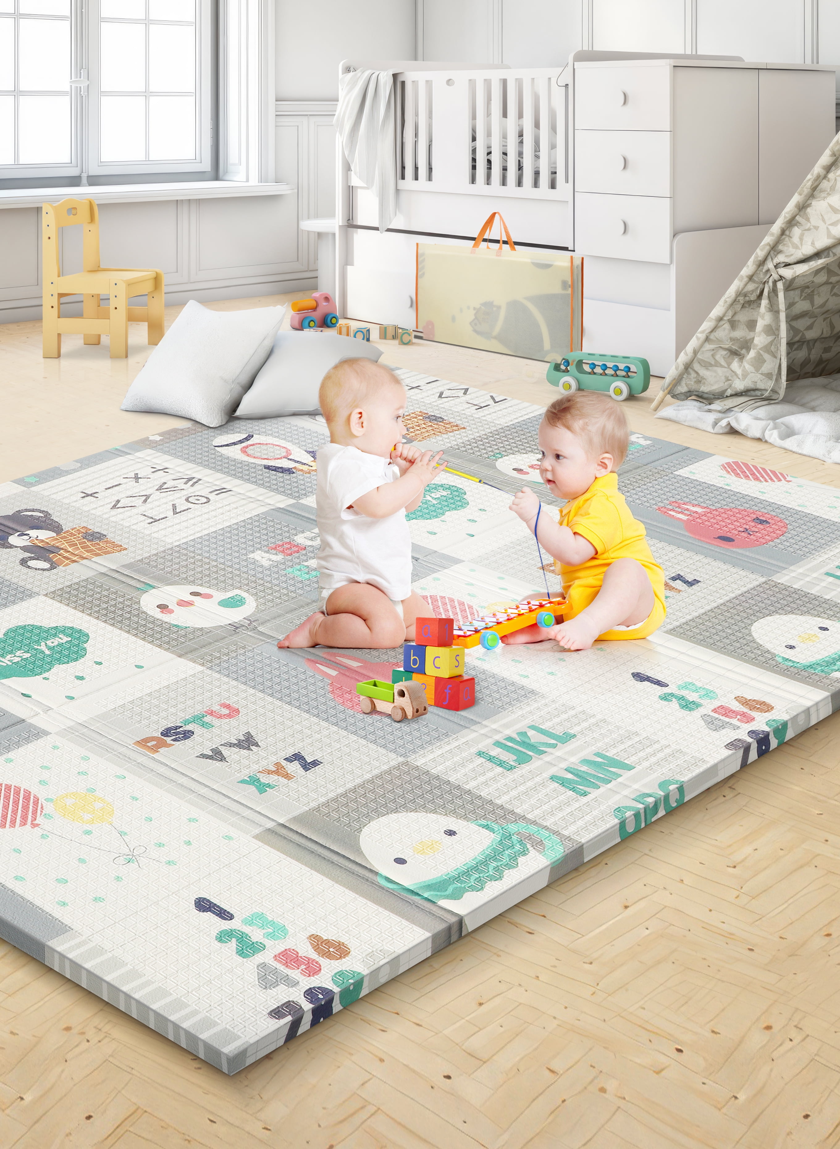 RELOIVE Foldable Baby Play Mat, 79x59" Waterproof Anti-Slip Foam Mat w/Travel Bag, Reversible for Floor & Travel