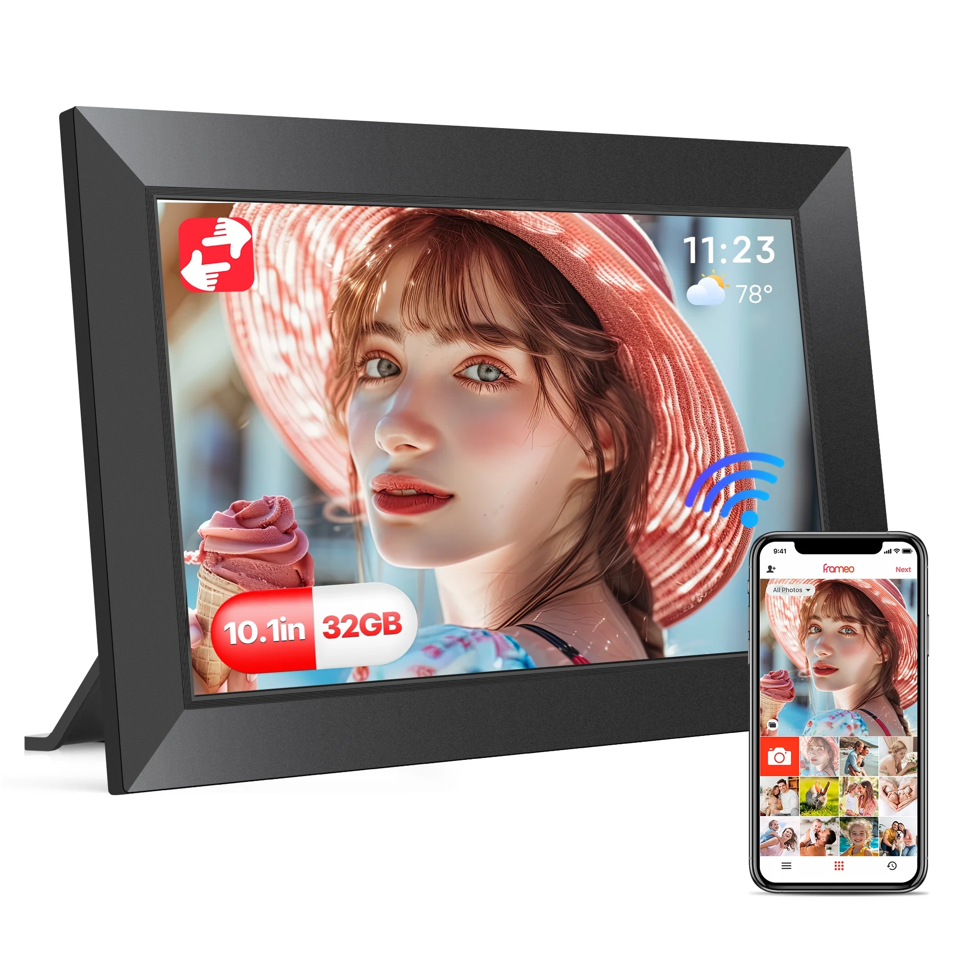 RICILAR Frameo 10.1 inch WiFi Digital Picture Frame, Electronic Picture Frame with IPS Touch Screen, 32GB Storage, Auto-Rotate, Wall Mountable, Ideal Gift Selection!