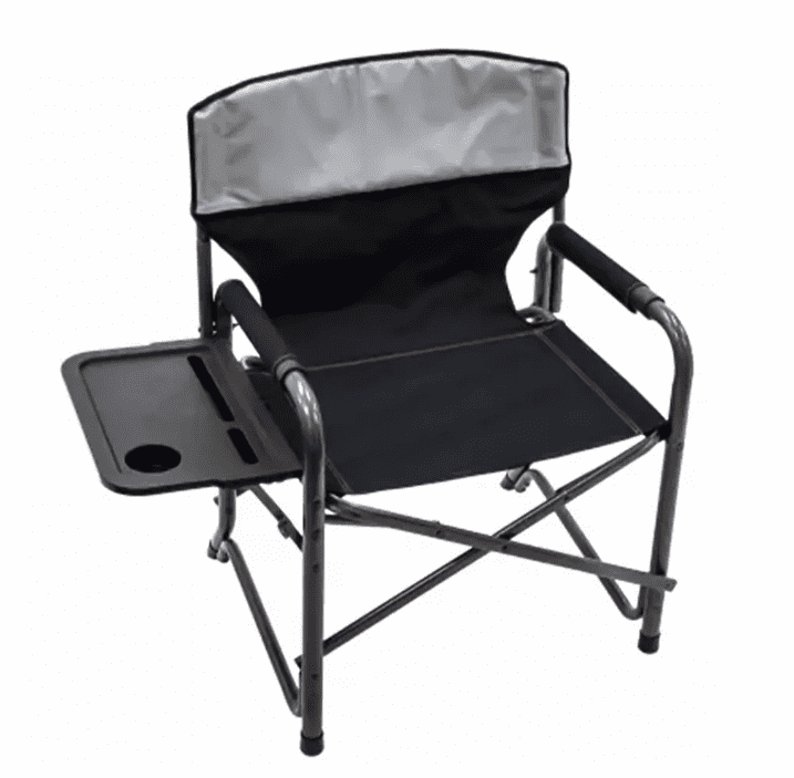 RIO Brands XXL Oversized Powder Coated Steel Frame Foldable Director’s Chair with Fold Out Side Table, Media and Drink Slots, and Carry Straps, Gray