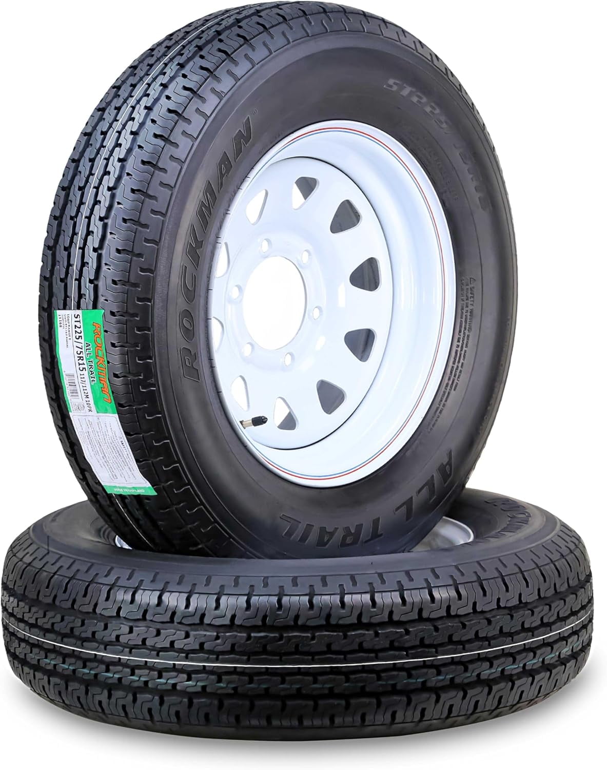 ROCKMAN Trailer Tire Wheel Assembly ST225/75R15 10-Ply E 117M 6 Lug on 5.5" PCD White Spoke Rim ,SET 2