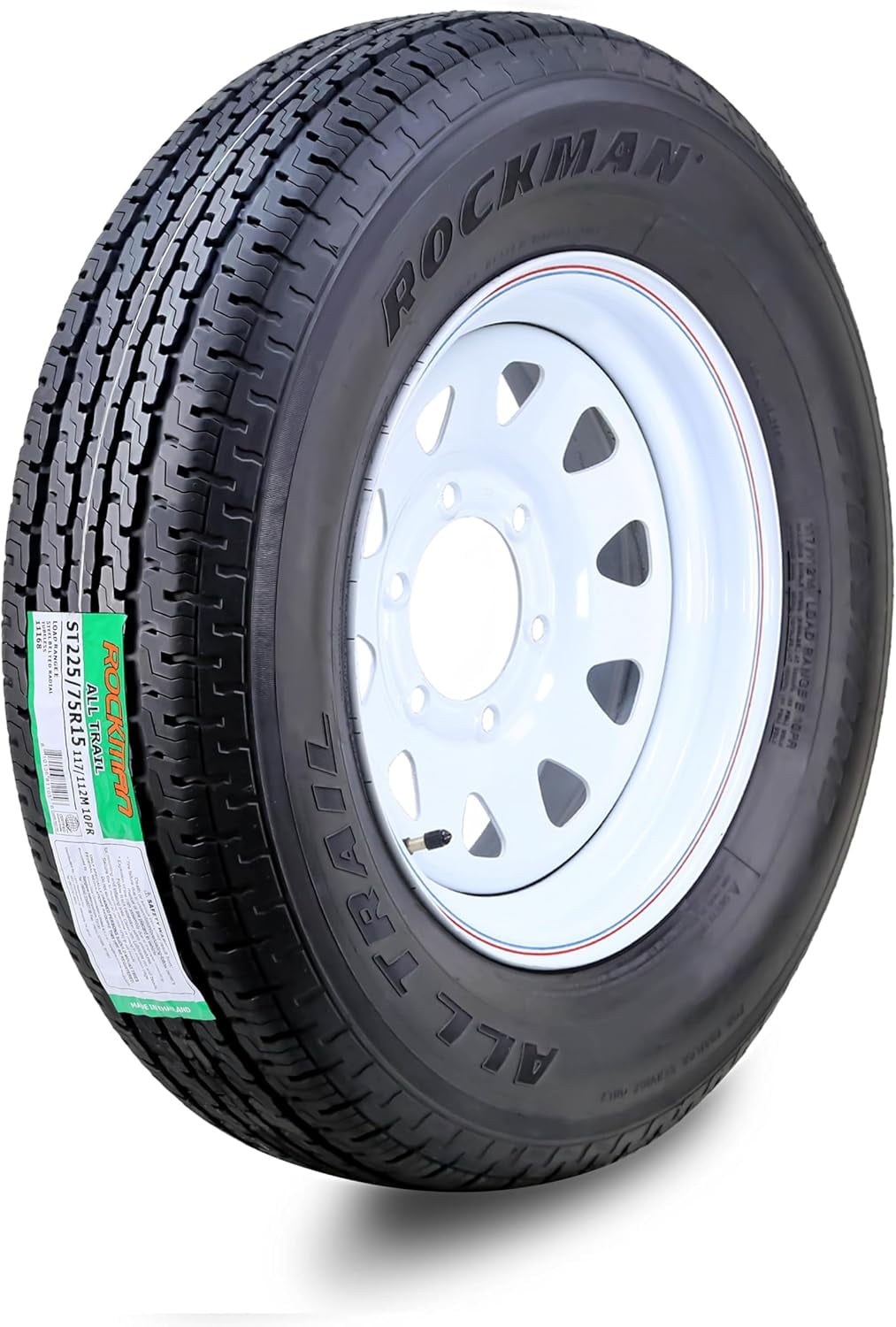 ROCKMAN Trailer Tire Wheel Assembly ST225/75R15 10-Ply E 117M 6 Lug on 5.5" PCD White Spoke Rim