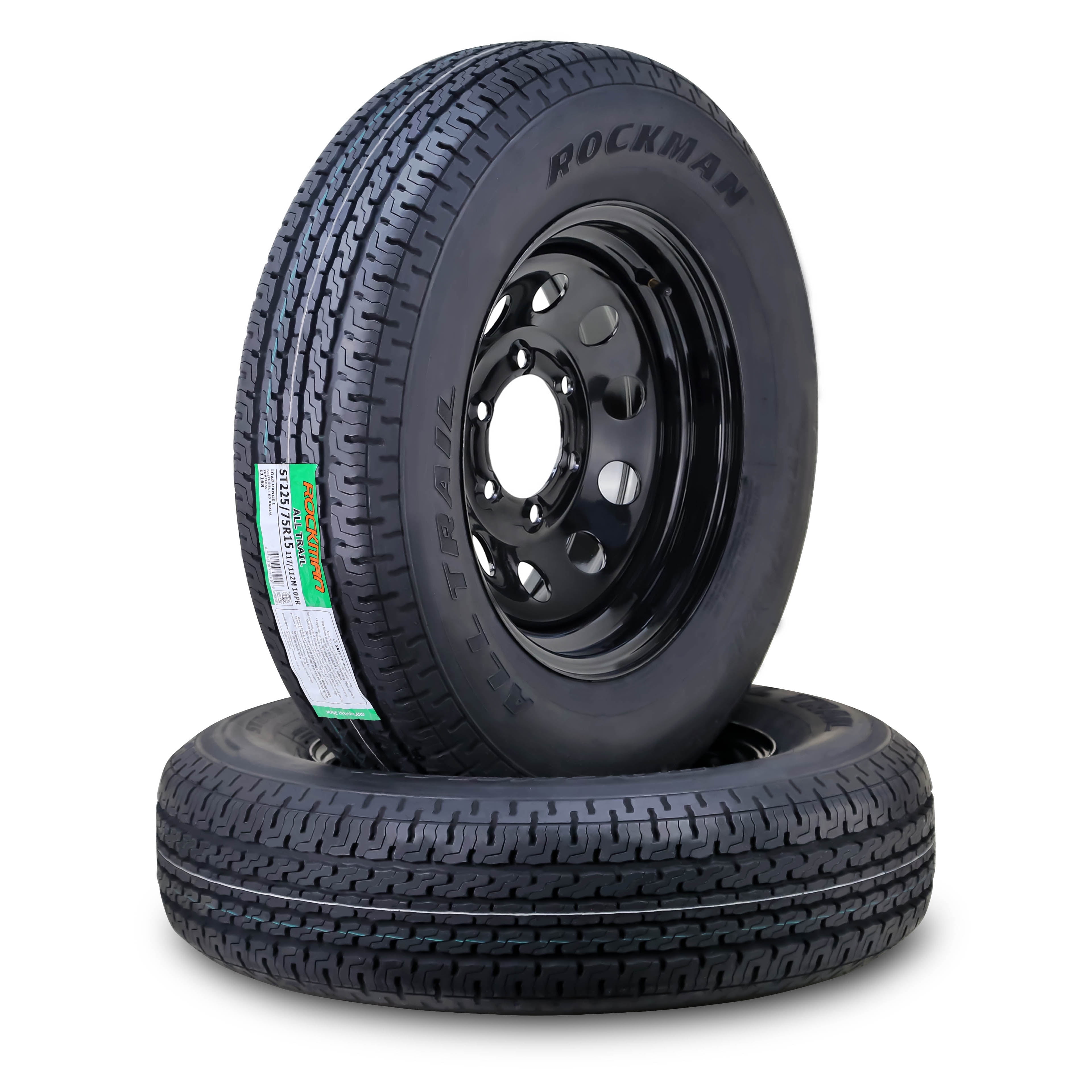 ROCKMAN Trailer Tire Wheel Assembly ST225/75R15 10-Ply E 117M 6 Lug on 5.5" PCD Black Mod Rim ,SET 2
