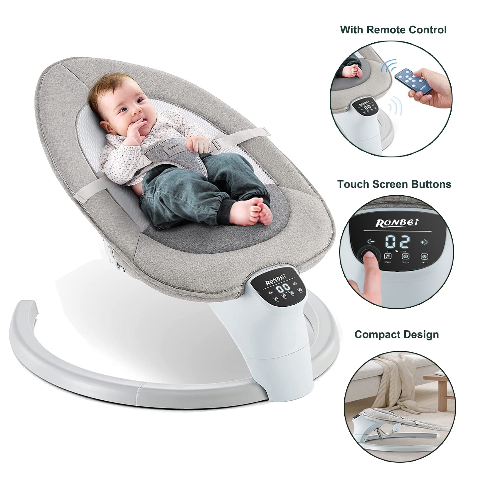 RONBEI 3 IN 1 Baby Swing for Infants Soothe Portable Newborn Swing with Music Remote Control Timing Function Mosquito Net Gray