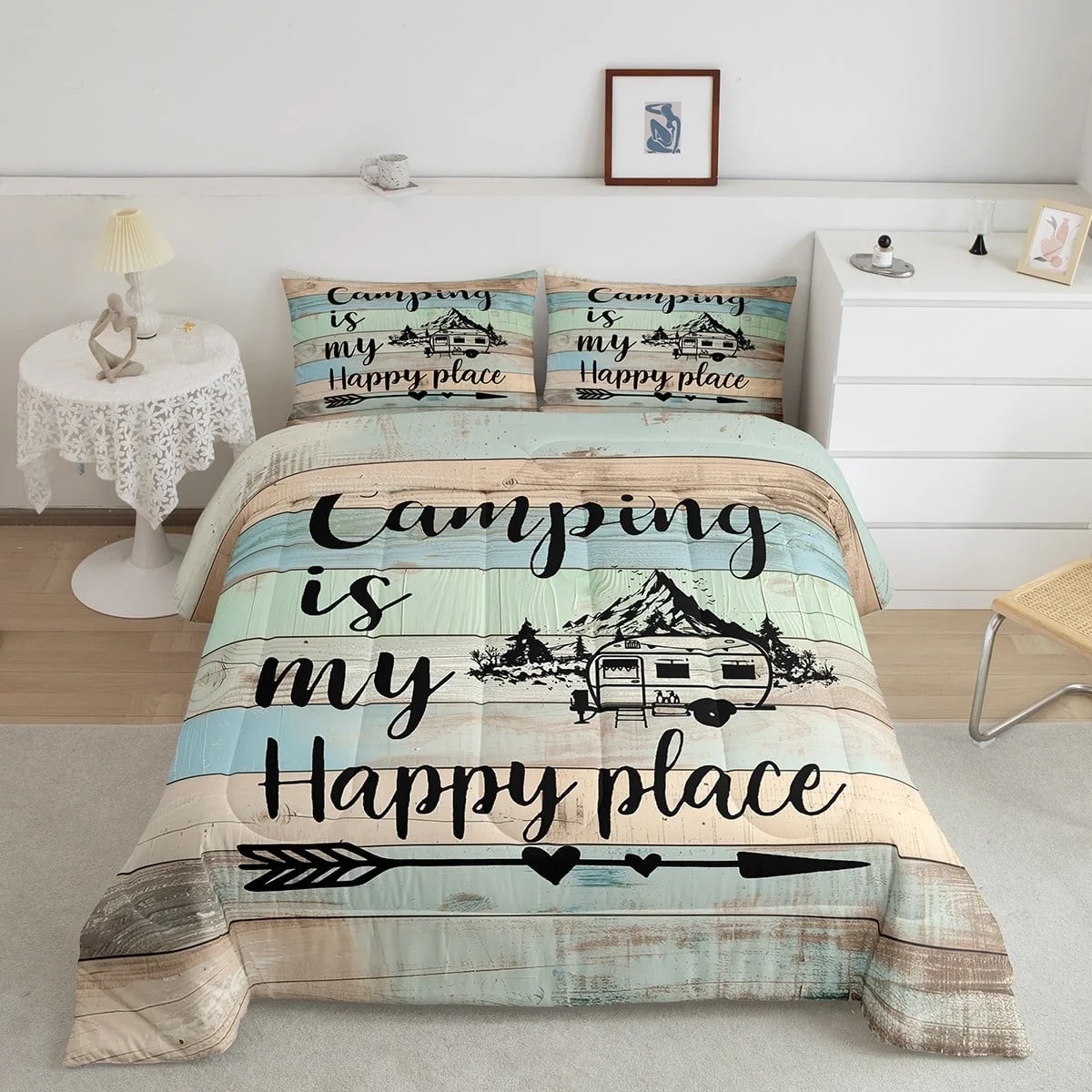 RV Camper Bedding Queen,Camping Comforter Set Camping Decor,RV Travel Car Camping Down Comforter for Adult Men,Hand Drawn Wooden Grunge Vintage Quilt Camping Accessories for Inside Teal Green Blue