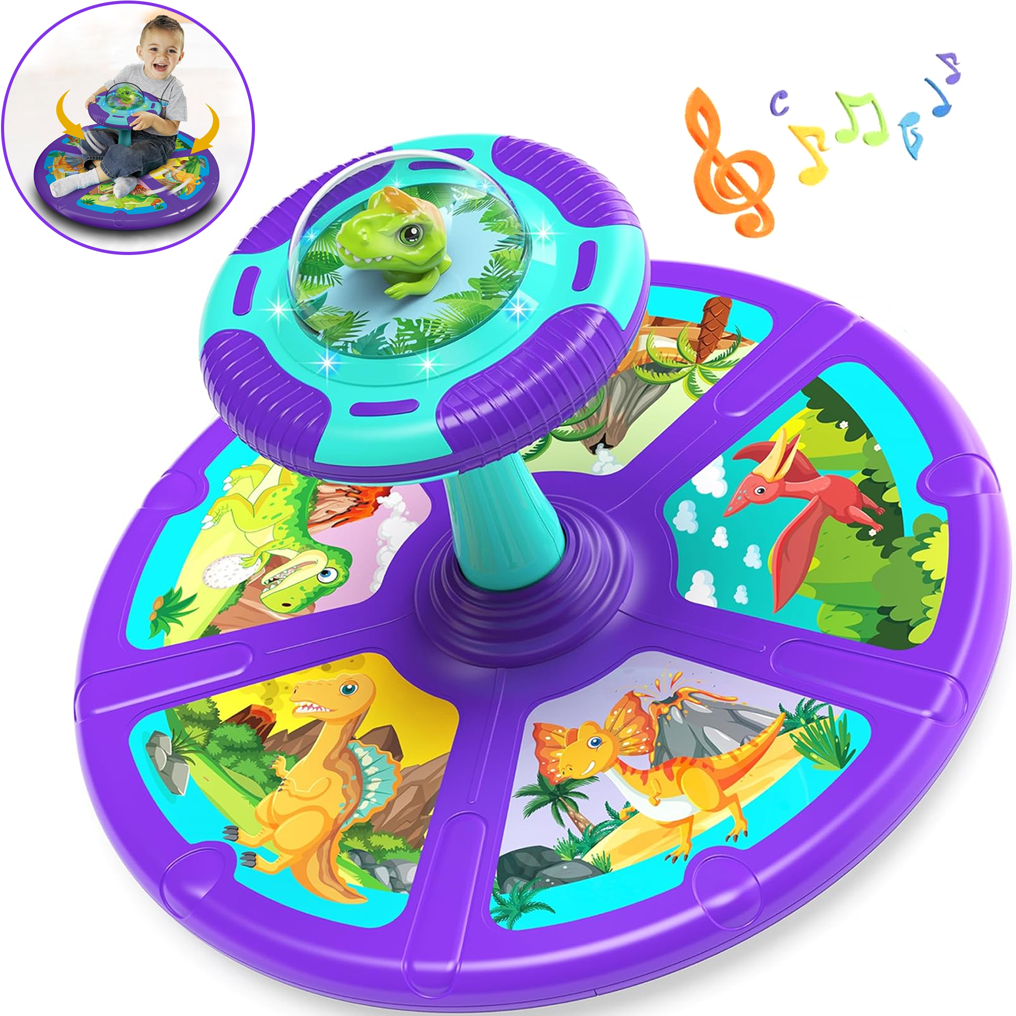Richgv Dinosaur Sit and Spin Toys for 1 2 3 4 Year Kids, 360° Sit Spinner Activity Toy with Light Music Toddler Toy for Boys Girls Ages over 18 Months
