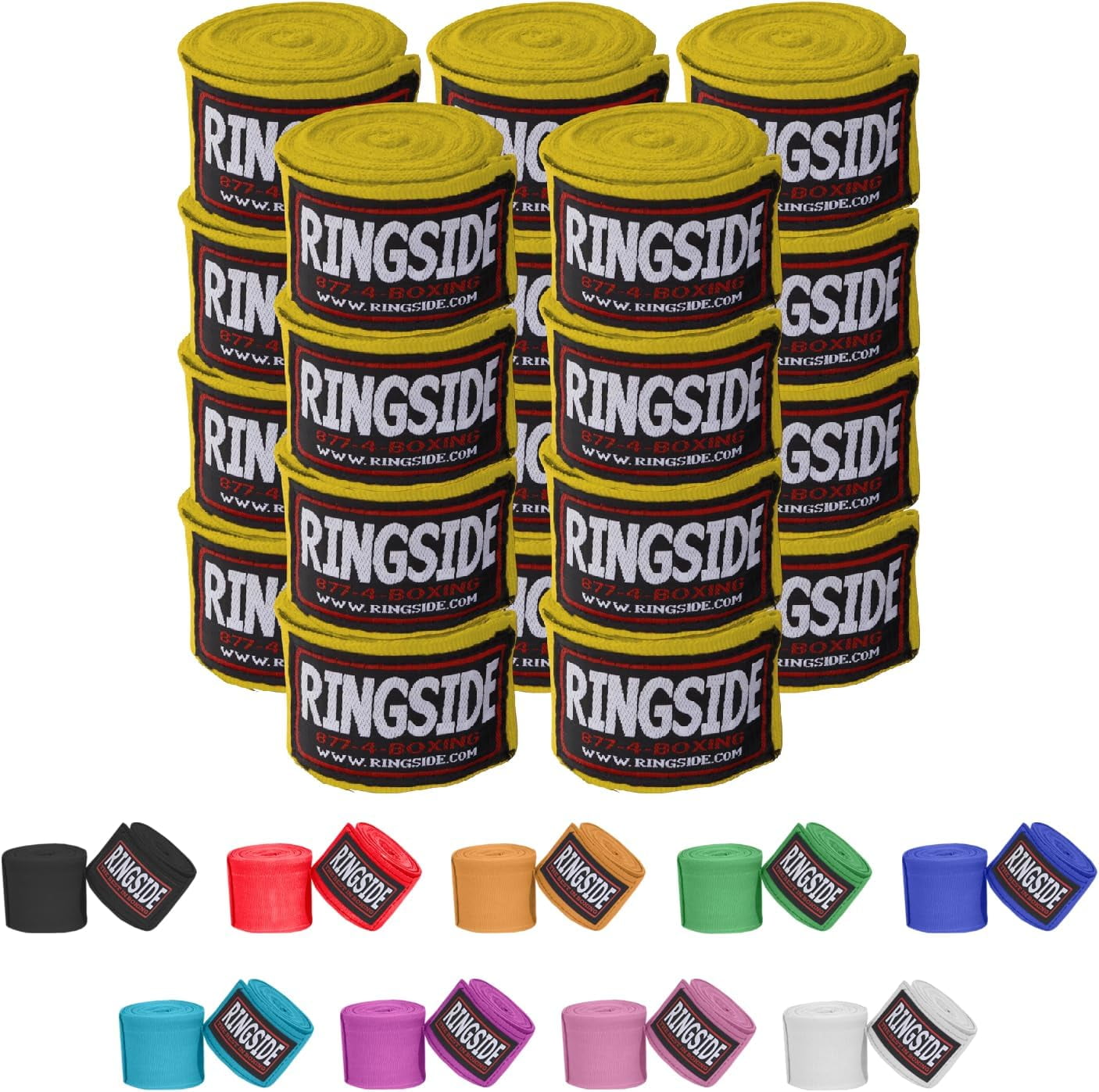 Ringside Mexican-Style Boxing Handwraps - Elastic Cotton, Thumb Loop, Hook & Loop Closure, Machine Washable - Gold, 10 Pack