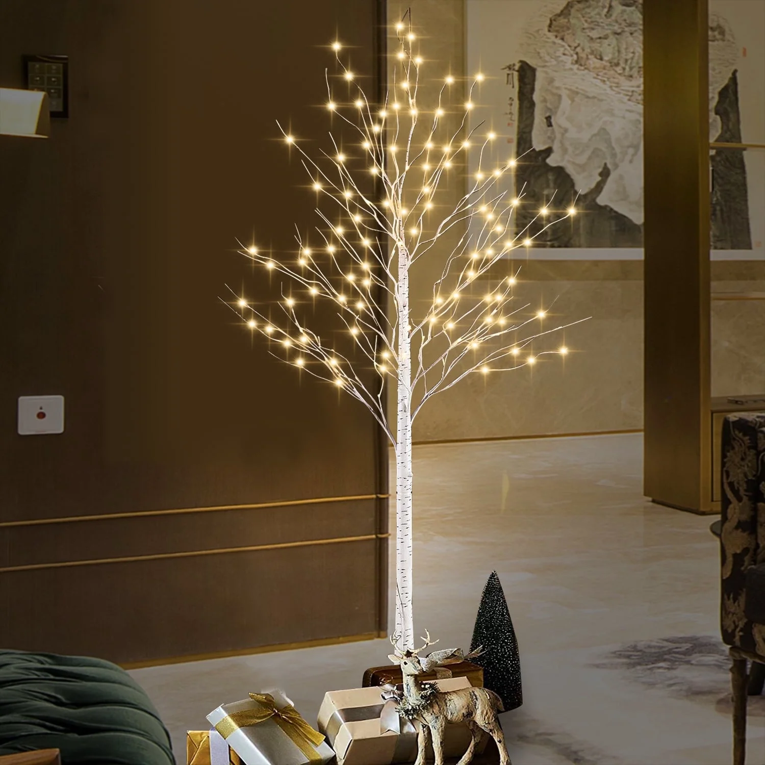 Rirool Artificial Birch Tree Light 6ft 440LED 8 Flashing Modes Remote Dimmable Lighted Trees Warm White (Remote, Base and Plug Included)