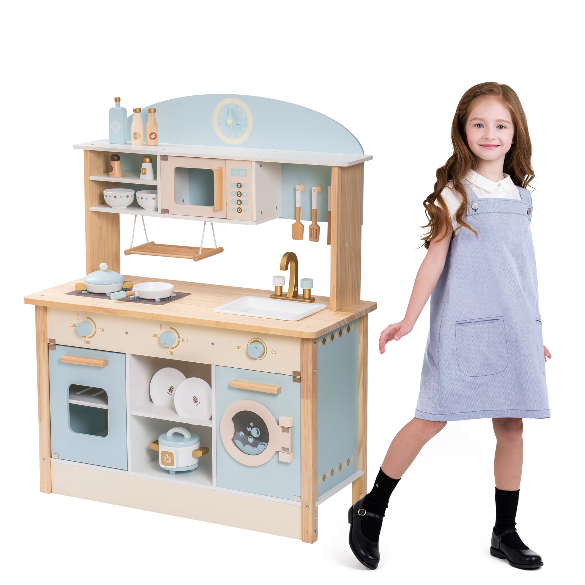 Robud Luxury Kids Play Kitchen Playset, Wooden Pretend Playset with Microwave Oven, Clock,Towel Rack,Toy for Toddler,Blue