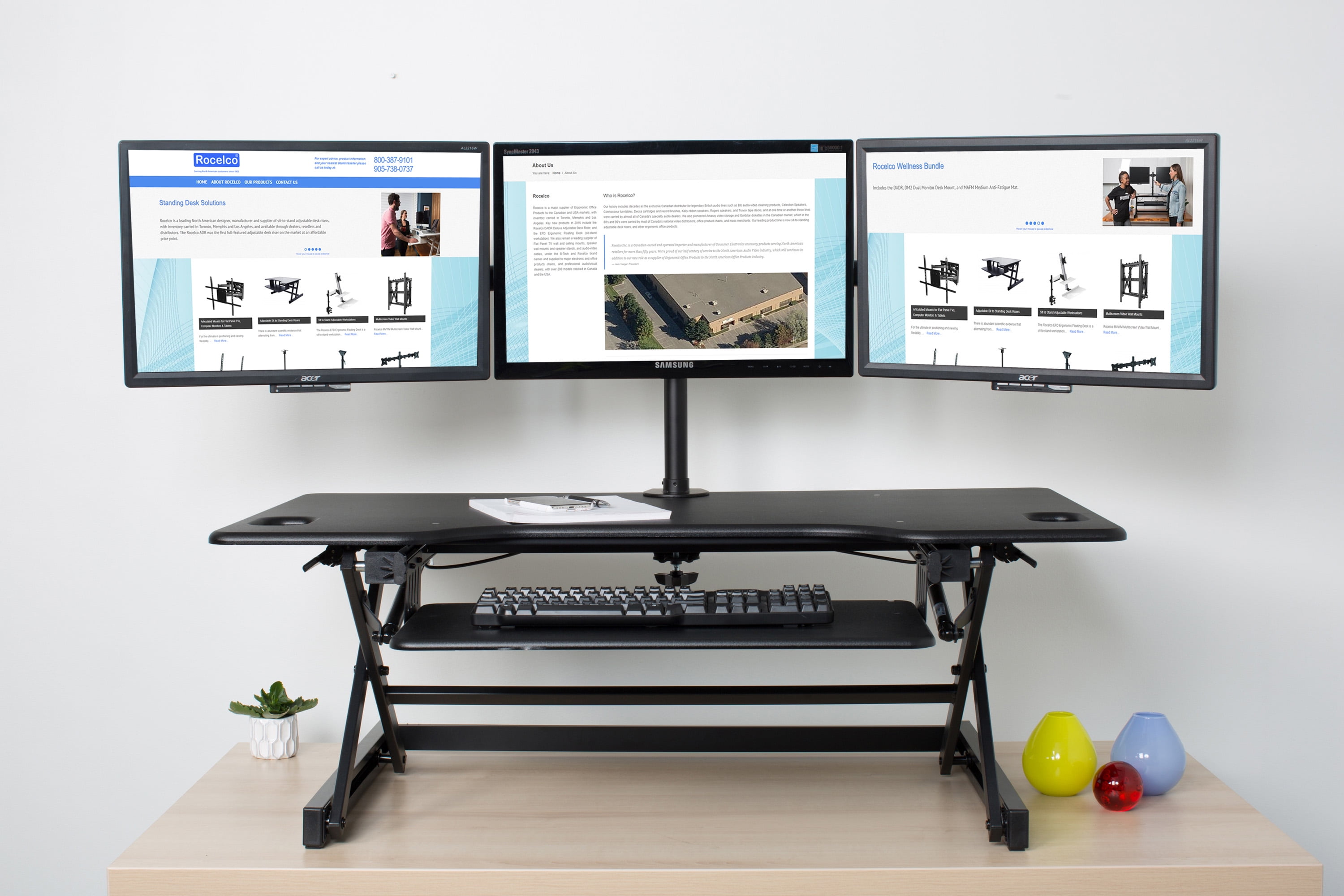 Rocelco 40" Large Height Adjustable Standing Desk Converter with Dual Monitor Mount BUNDLE | Quick Sit Stand Up Computer Workstation Riser | Retractable Keyboard Tray | Black (R DADRB-40-DM2)
