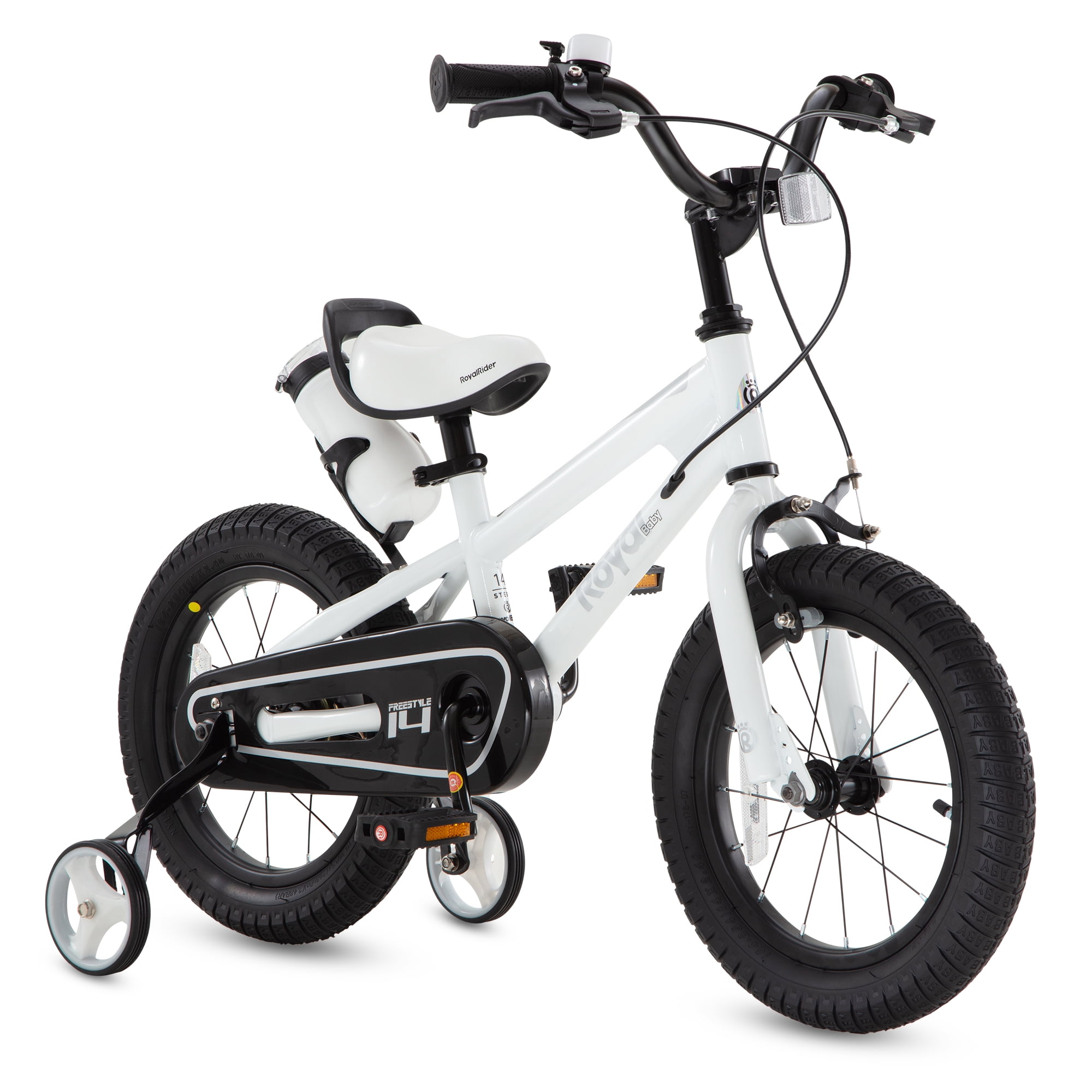 Royalbaby Boys Girls Kids Bike 14 In BMX Freestyle White 2 Hand Brakes Bicycles with Training Wheels Child Bicycle