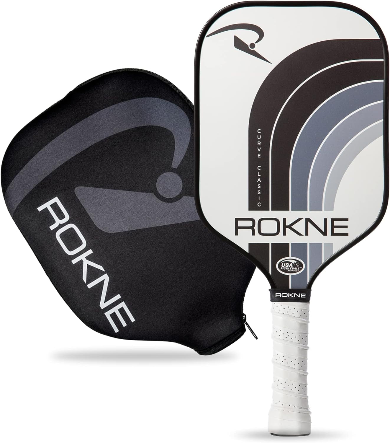 Rokne Curve Classic Fiberglass Pickleball Paddle Long Handle Racket with Pro Grit Texture and Cover, Storm
