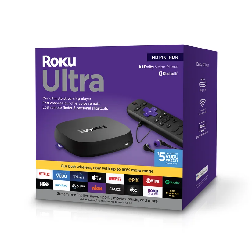 Roku Ultra | Streaming Device 4K/HDR/Dolby Vision, Roku Voice Remote with Headphone Jack, Premium HDMI® Cable