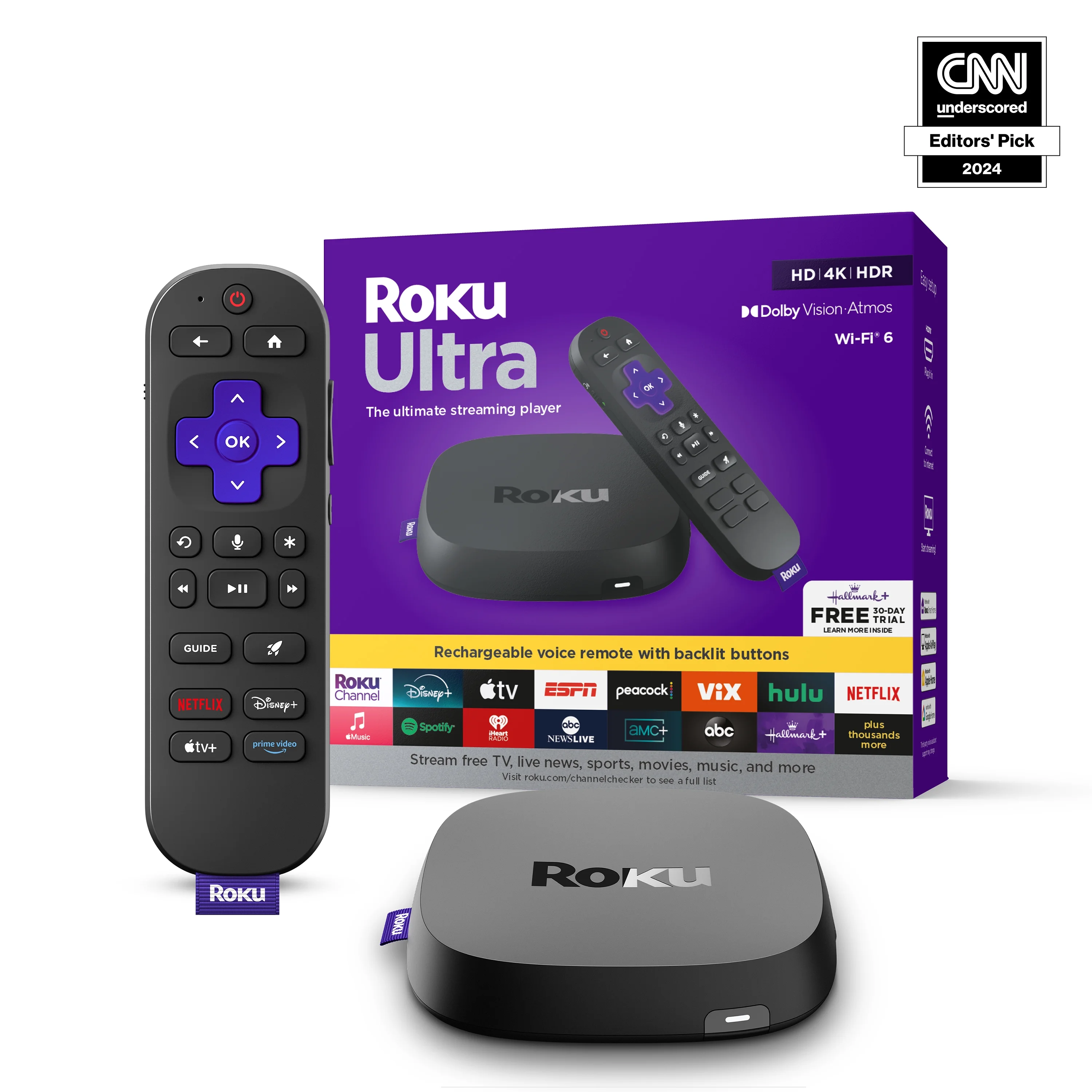 Roku Ultra | 4K/HDR10+/Dolby Vision & Atmos Streaming Device - Rechargeable Backlit Voice Remote – Free & Live TV