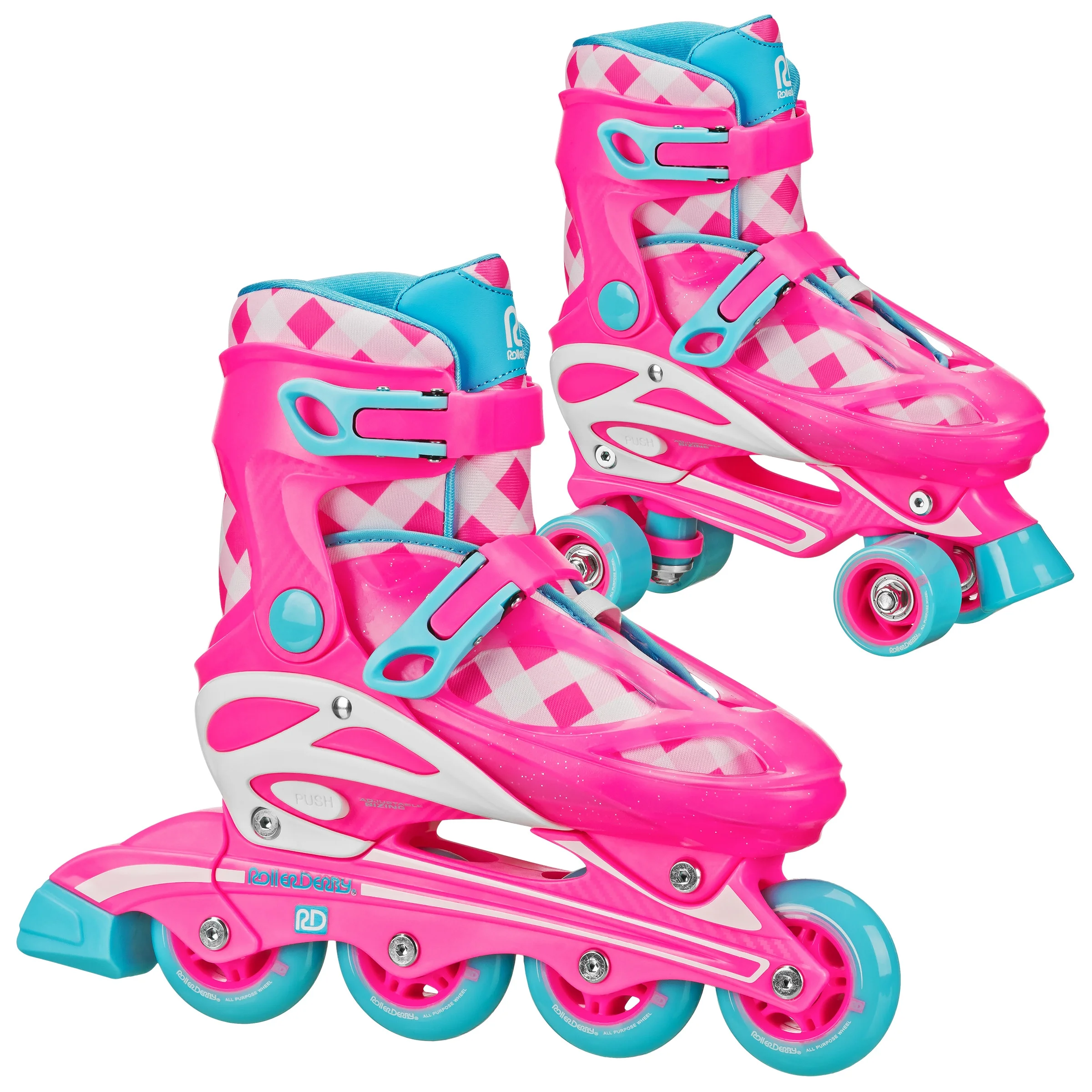 Roller Derby Girl's 2N1 Roller and Inline Skates Size 3-6 Gingham
