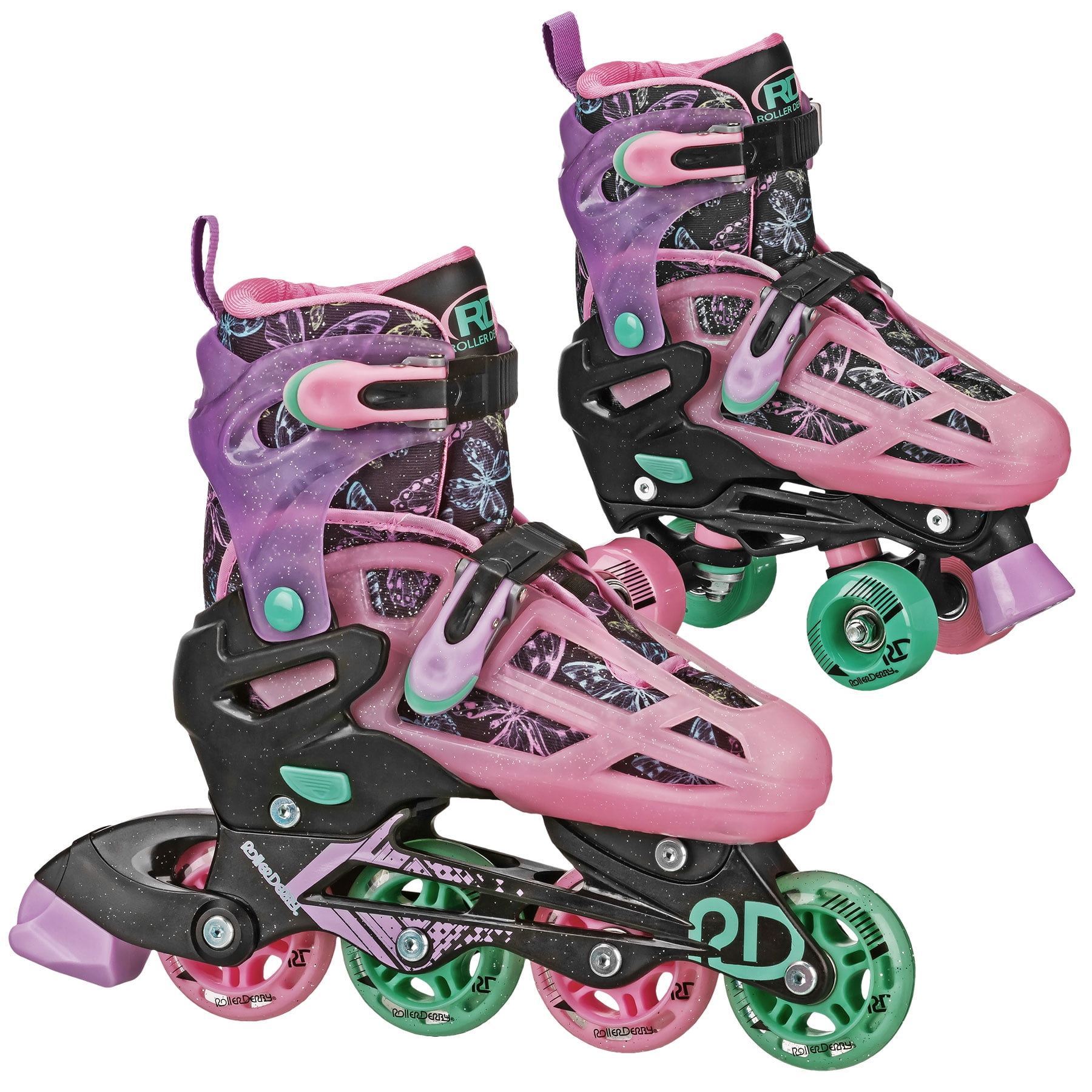 Roller Derby Sprinter Girl's 2-in-1 Quad Roller and Inline Skates Combo, Butterfly (Size 12-2)