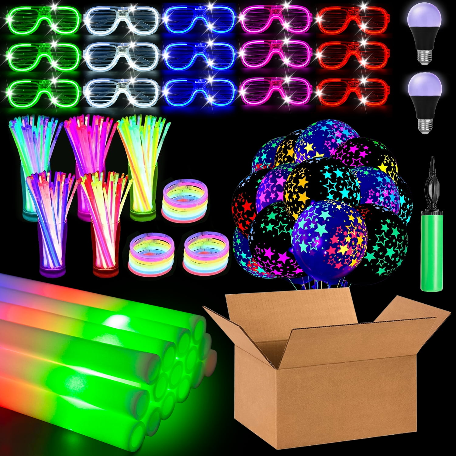 Romanda 332 Pcs Glow in the Dark Party Supplies Kit, 200 Pcs Glow Sticks & 100 Pcs 12" Neon Balloons & 15 Pcs Foam Glow Sticks & 2 Pack Black Lights & 15 Pcs LED Glasses, Cardboard Box Storage