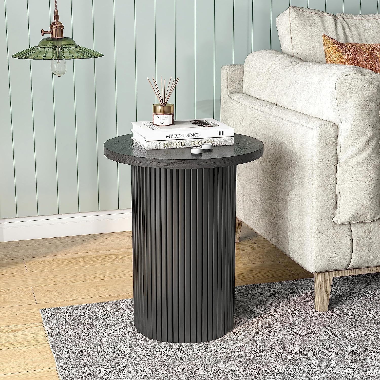 SHYFOY Round Solid Wood End Table Black Pedestal Side Table Living Room Furniture Accent End Table,Full Assembled