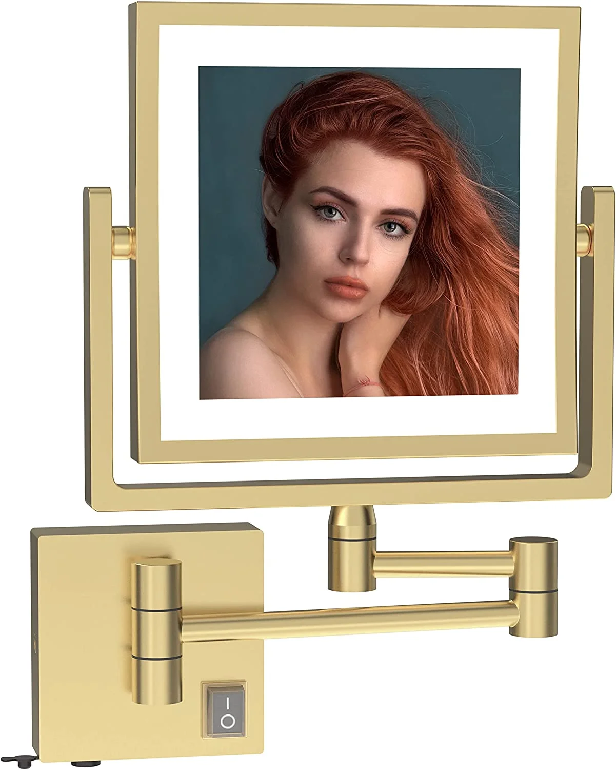 Ruacq LED Illuminated Wall Mounted Double Sided Square Plug-in Makeup Mirror, Magnification 3X, 8" 360 Degree Swivel, Brushed Gold