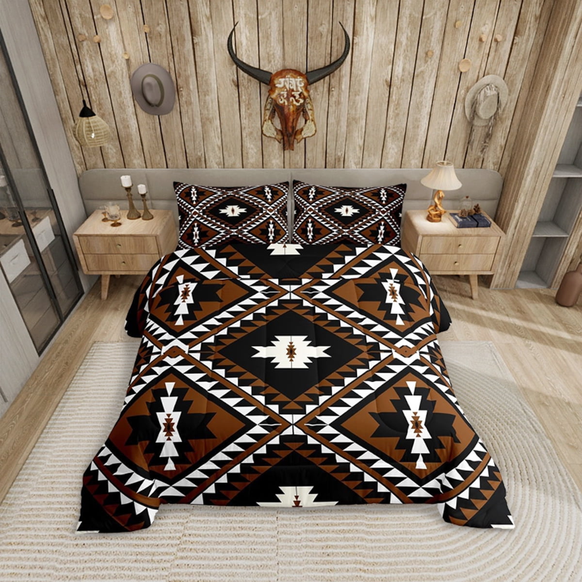 Rustic Western Twin Size Comforter Set For Men,Southwestern Aztec Bedding Set Bohemian Quilt Comforter Ethnic Mexican Geometric Diamond Duvet Insert Brown Black White Farmhouse Room Decor 2 Pcs