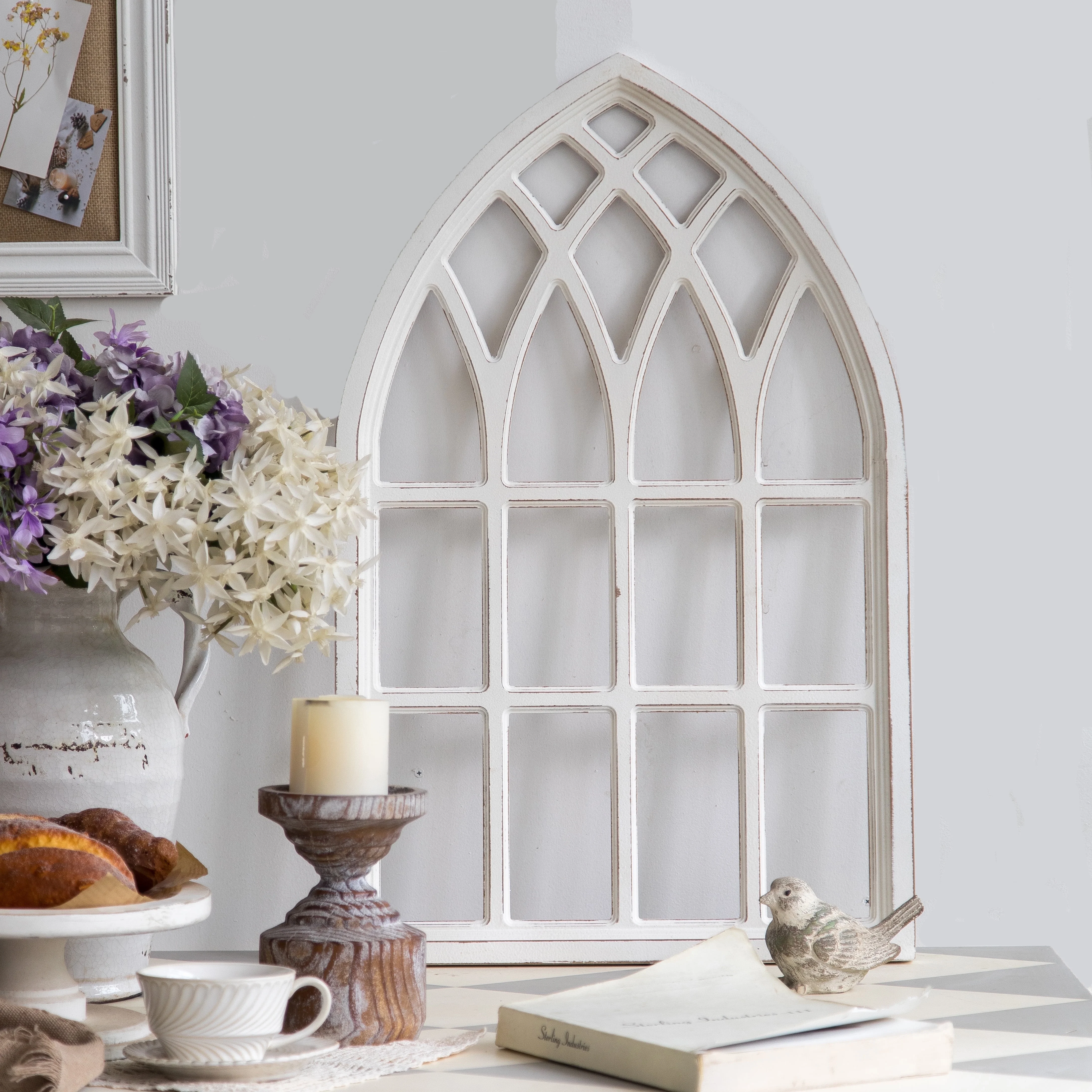 Sintosin Farmhouse Arched Window Frame for Wall Art 20" x 32", Rustic Hanging Distressed White Window Pane Wall Decor Artwork, MDF