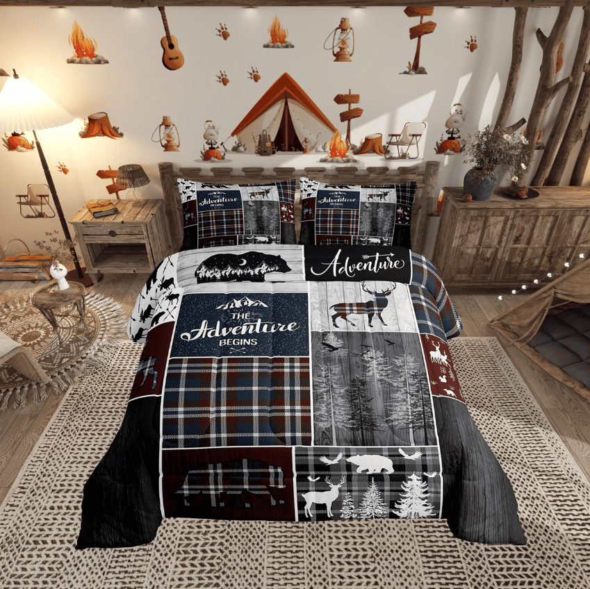 Rustic Cabin Lodge Comforter Set, Bear Deer Wildlife Quilt Full Size, Country Forest Hunting Wild Animal Bedding Retro Plaid Checkered Patchwork Down Comforter Farmhouse Decorations, Grey Black