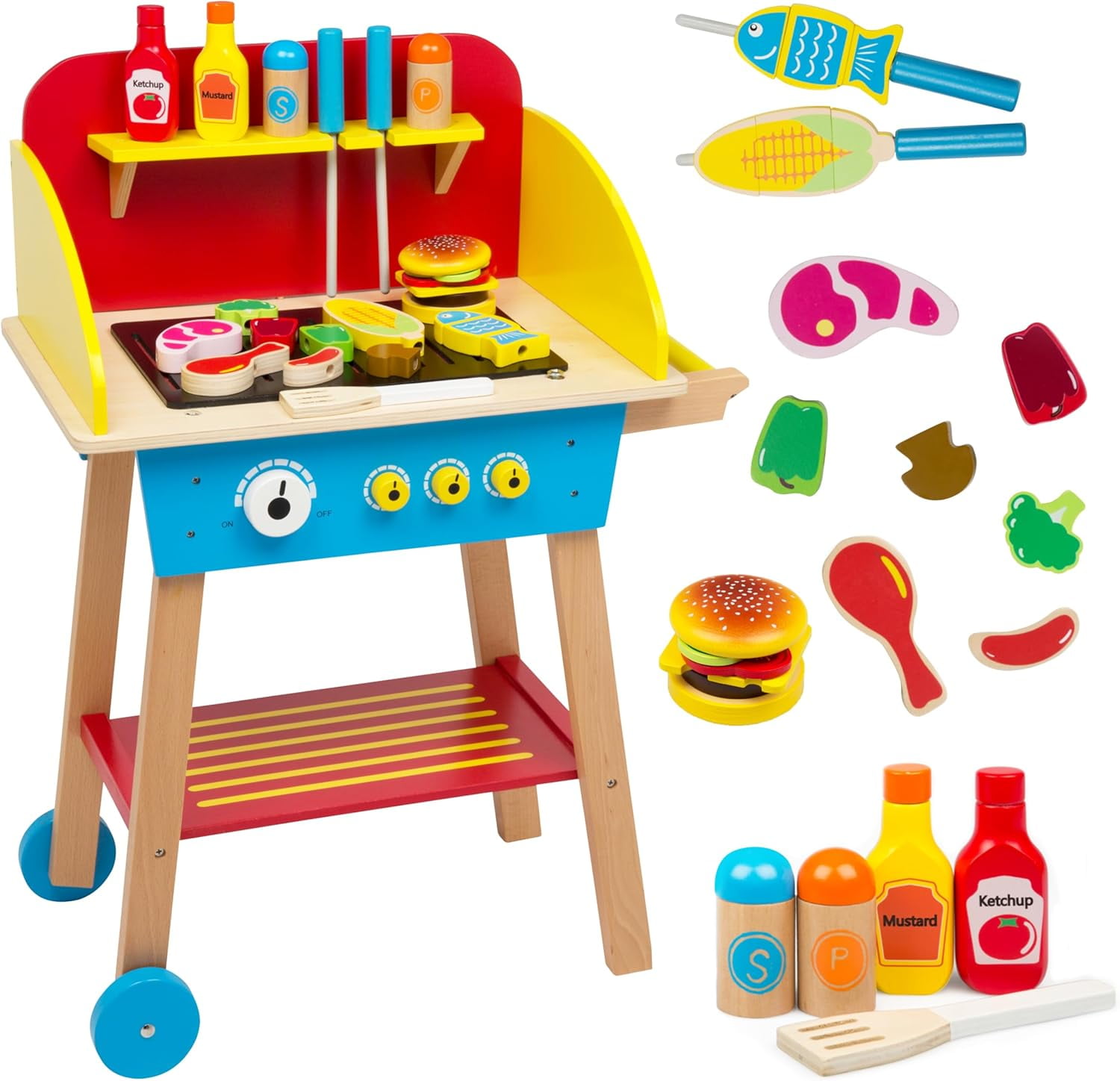 Svan Cook 'N Grill Wood Toy BBQ Set- Pretend Play Wooden Barbeque Food & Grilling Tools for Kids, 30+ Pieces Feat Spatula, Burger & More, Fun Indoor Activity Playset, Daycare, Playroom Centers