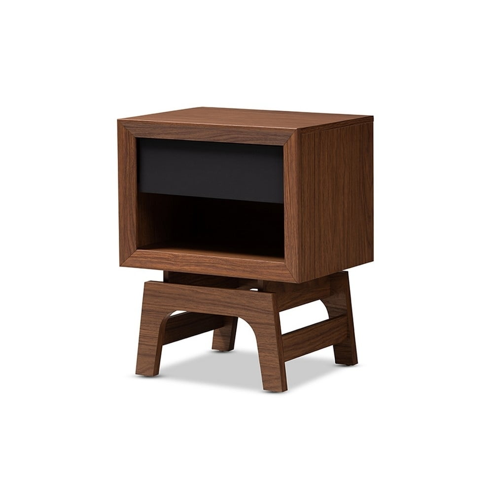 Svante Mid-Century Modern Walnut Brown and Dark Gray Finished Wood 1-Drawer Nightstand