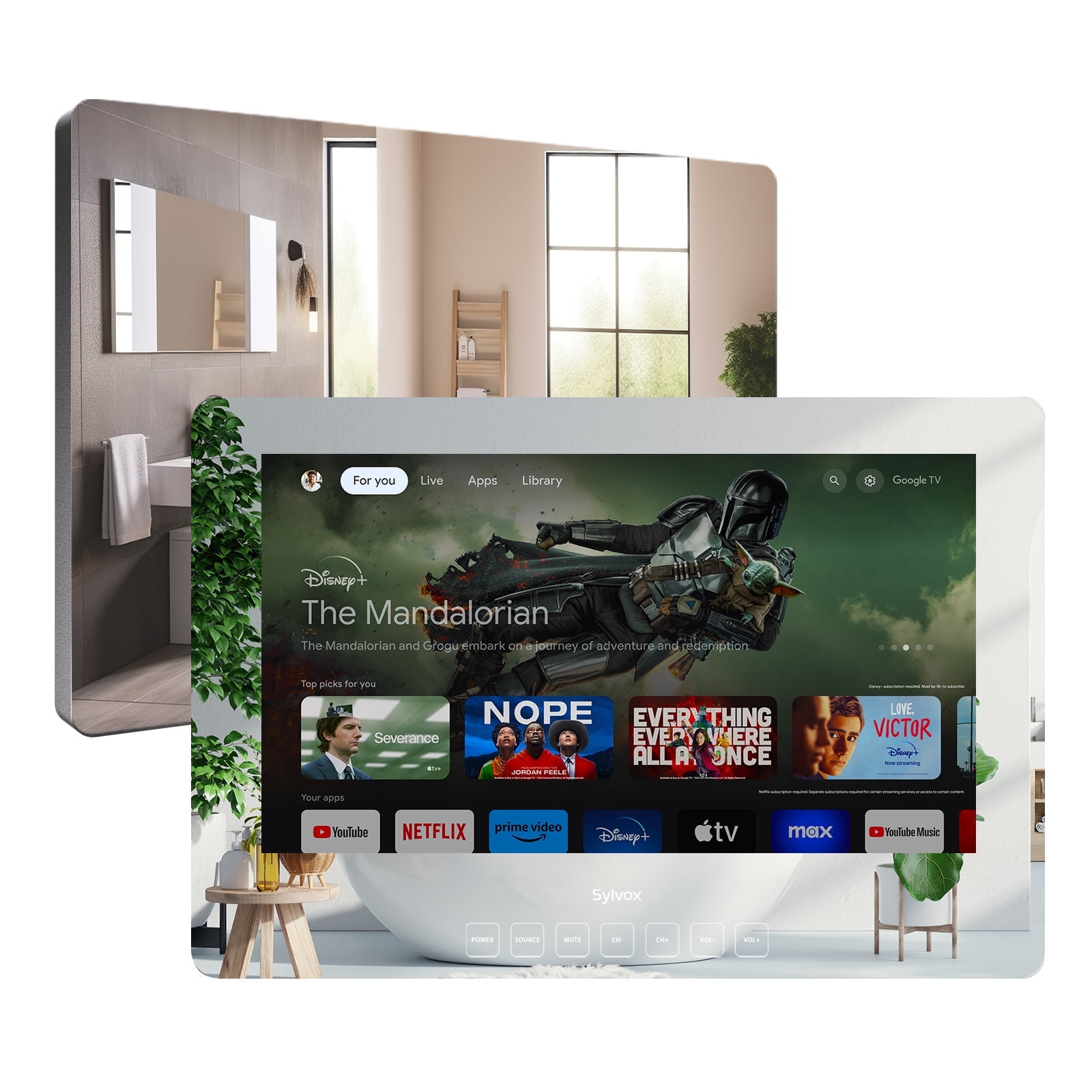 SYLVOX 32inch Smart Magic Mirror LED TV, IP65 Waterproof Bathroom TV with Integrated HDTV(ATSC) Tuner, Dual Audio, Smart Mirror TV Built-in Apps(350nit)