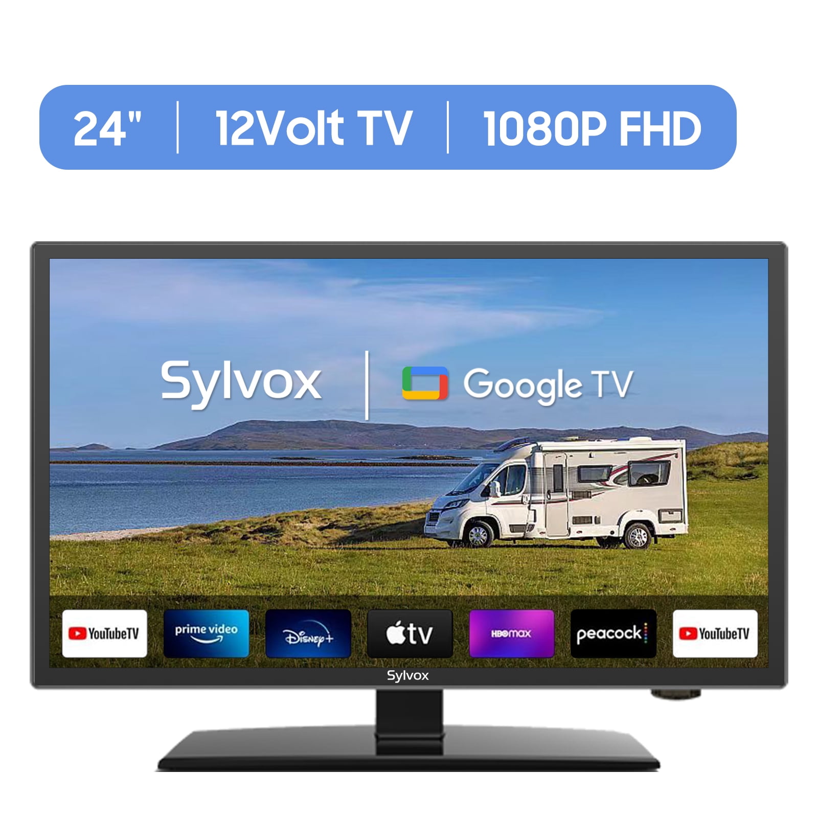 SYLVOX Smart RV TV, 24'' 12 Volt TV for RV Camper, Newest Google TV with Google Assitant App Store Chromecast, 1080P FHD DC/AC Powered Small Smart TV(Vechiel Series NEW))