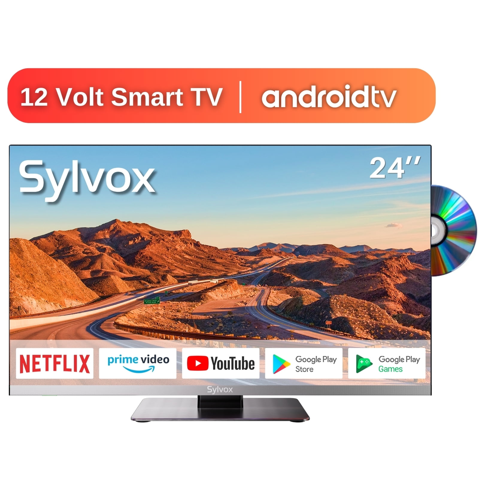 SYLVOX Smart RV TV, 24 inch Android TV with Built-in DVD Player, 12 Volt TV for RV Camper, 1080P FHD, APP Store, WiFi Bluetooth, 2 HDMI & 2 USB, AC/DC Powered (Limo Series)