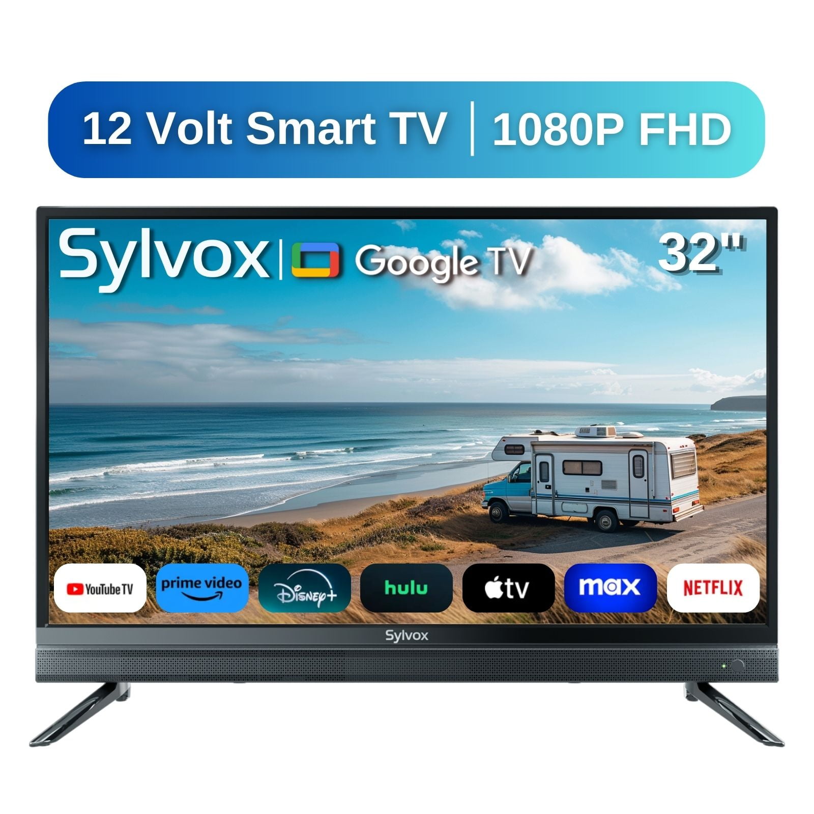 SYLVOX 32 inch RV TV, 1080P Google Smart TV with ATSC Tuner, Support Download APPs, Voice Remote, WiFi, Bluetooth, AC/DC Powered, 12 Volt TV for RV Camper, Motorhome, Boat and Home (Vehicle Series)