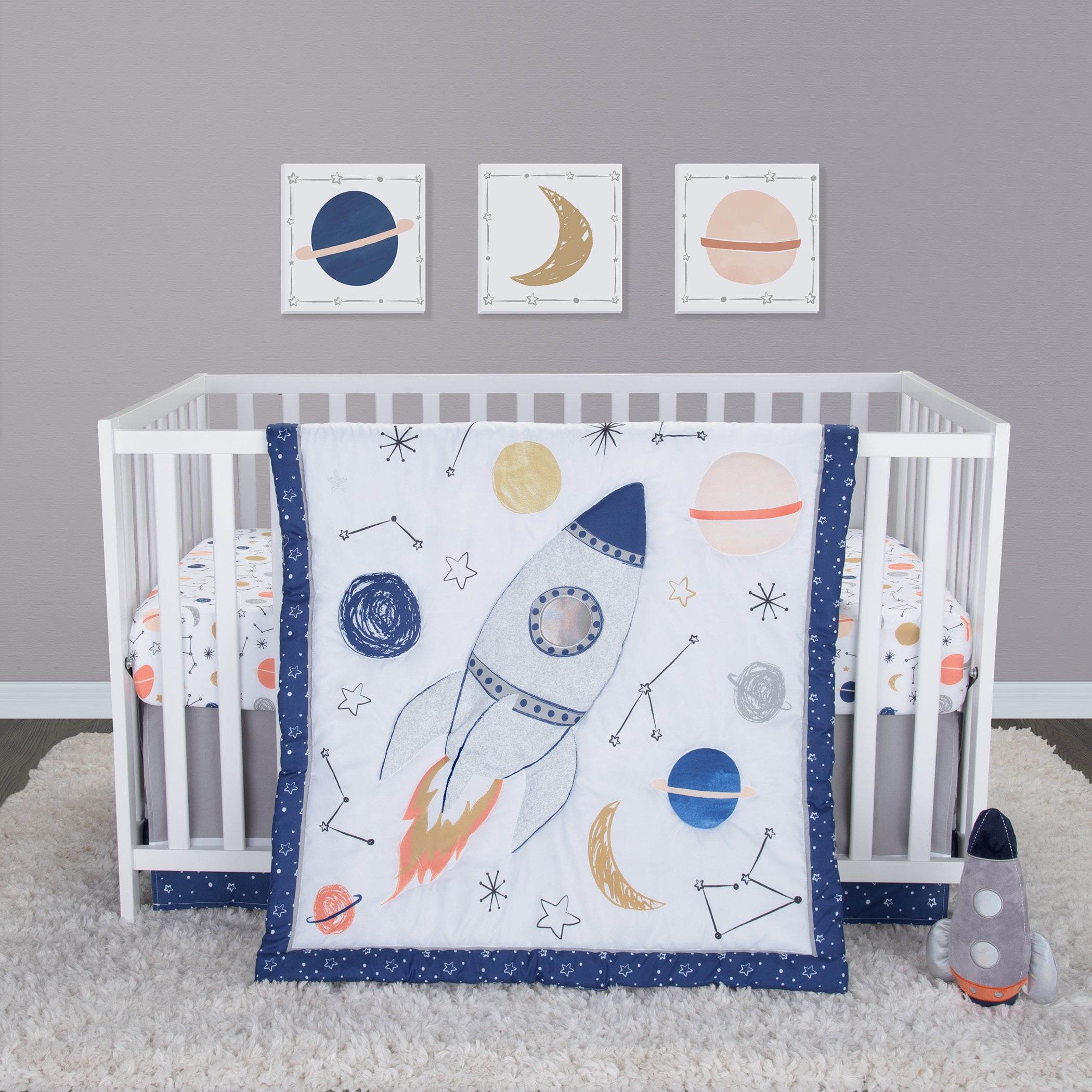 Sammy & Lou Baby Nursery Crib Bedding Set, Cosmic Rocket 4 Piece