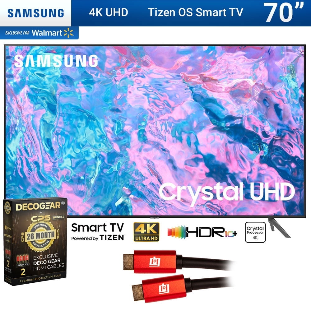 Samsung UN70CU7000 70 inch Crystal UHD 4K Smart TV (2023 Model) Bundle with Deco Gear 2X 4K HDMI 2.0 Cable w/ Copper Conductors & CPS Exclusive 26 Month Protection Pack