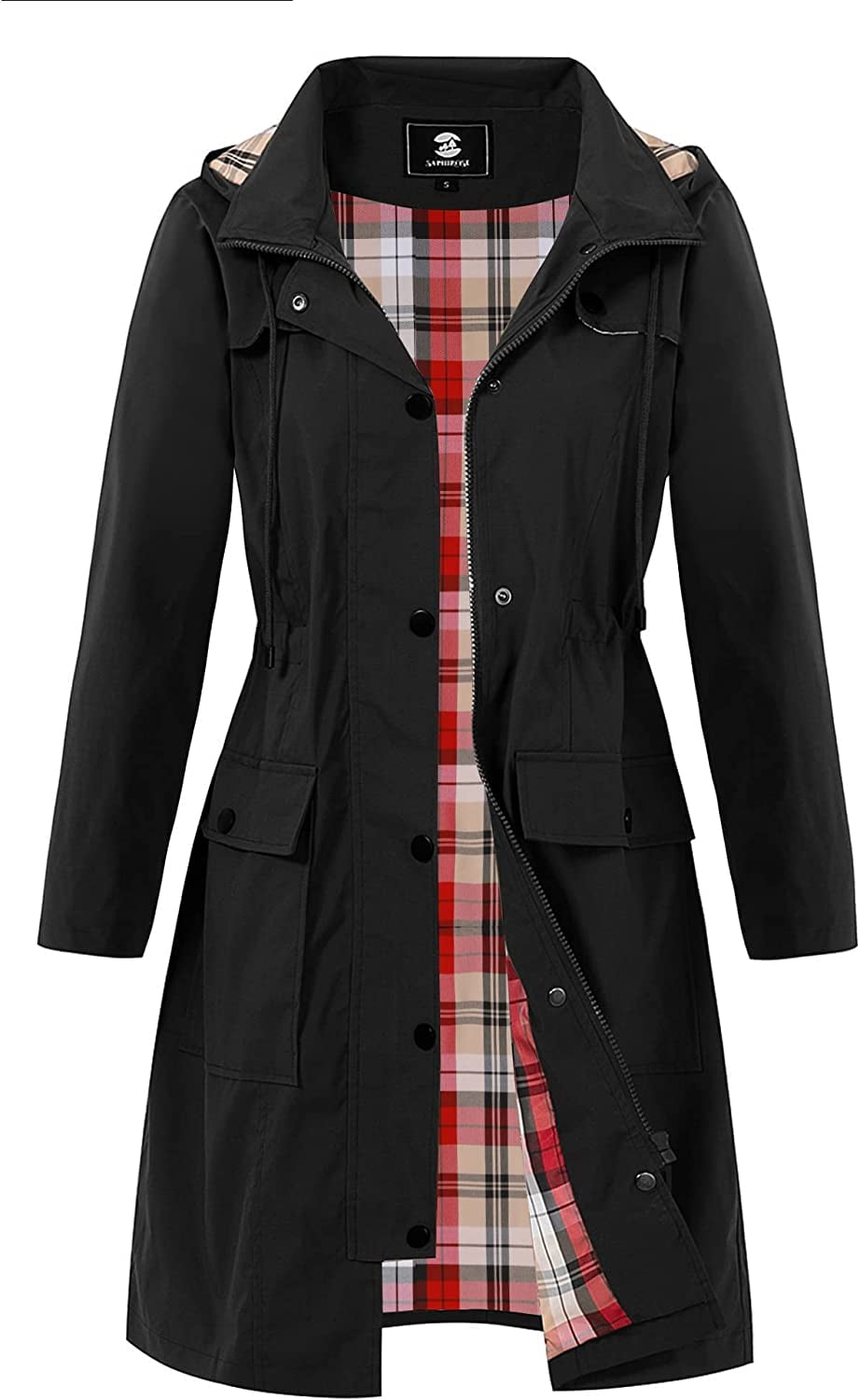 SaphiRose Women's Long Hooded Rain Jacket Outdoor Raincoat Windbreaker Black