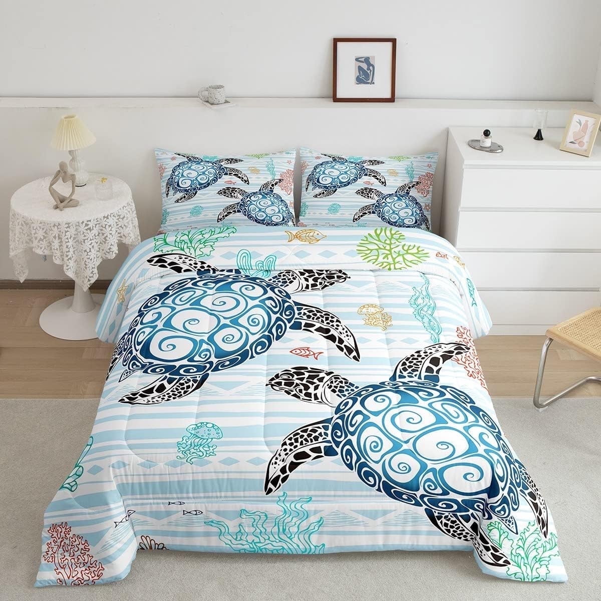 Sea Turtle Comforter Set Kawaii Room Decor, Coastal Beach Themed Bedding Set Twin Size Teen Adult Bedroom, Blue White Stripes Quilt Sea Animal Underwater World Down Comforter