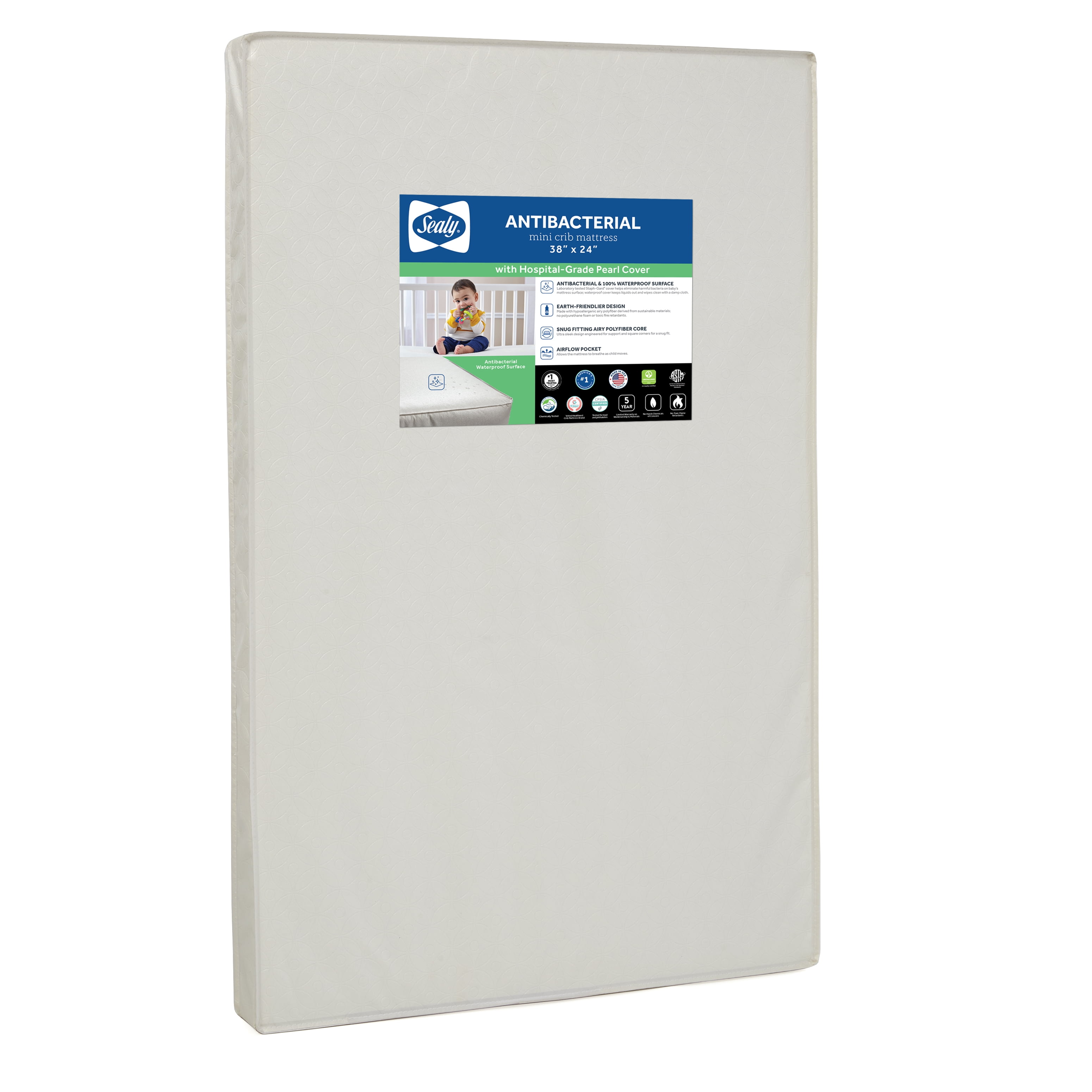 Sealy Antibacterial 38x24 Inch Mini Crib Mattress and Toddler Mini Pad, Waterproof, Medical-Grade Cover, GREENGUARD Certified
