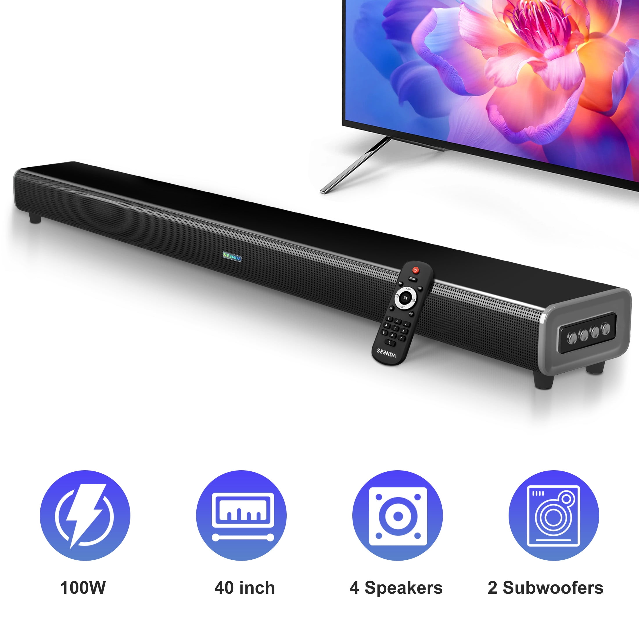 Seenda 40" Sound Bar for TV, 2.2ch Built-in Dual Subwoofers, 100W Powerful Soundbar, Bluetooth 3D Surround Speakers, AUX/HDMI/USB Connection