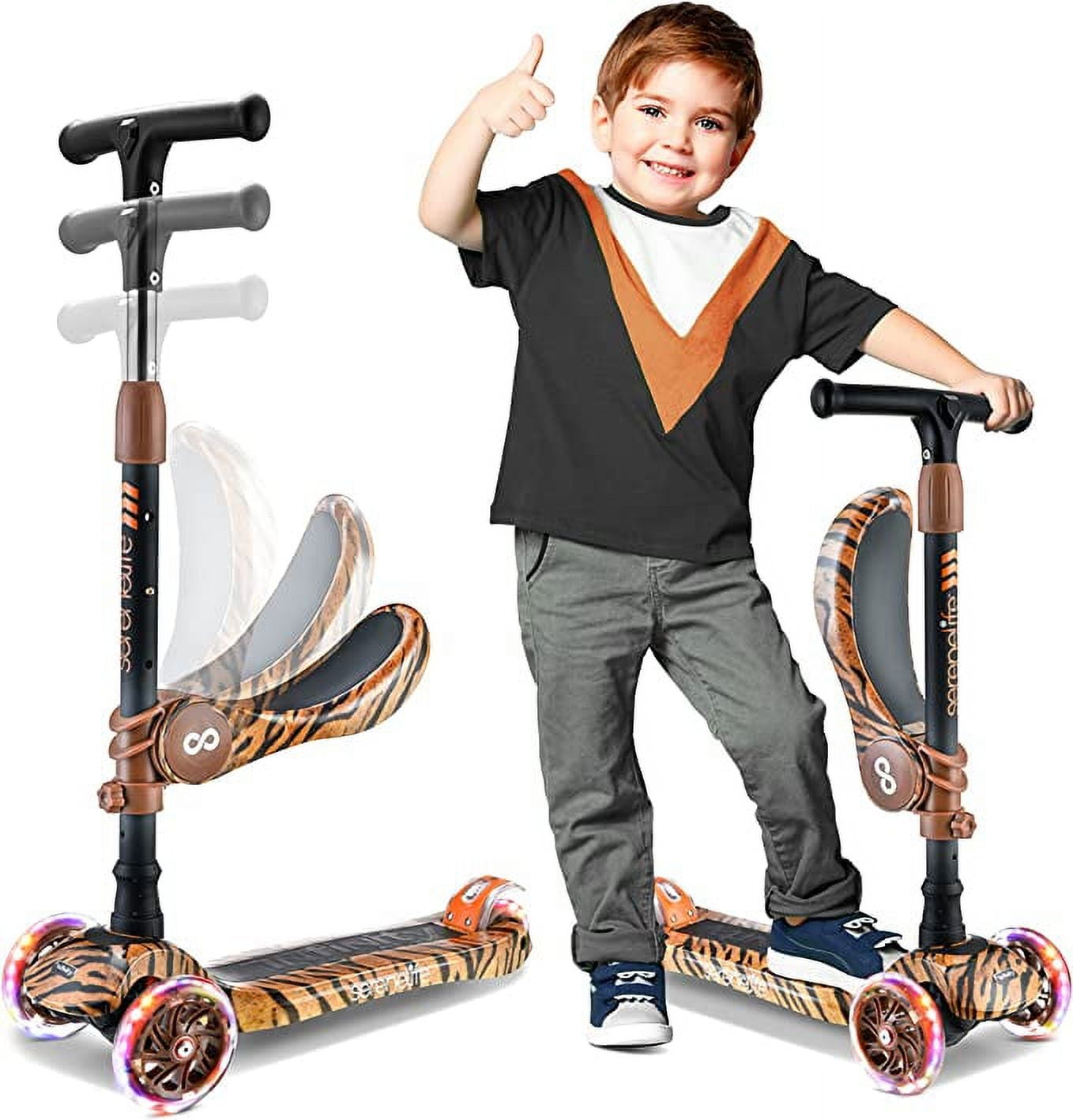 SereneLife 3 Wheeled Adjustable Scooter for Kids - 2-in-1 Sit/Stand Toy Scooters w/ Flip-Out Seat