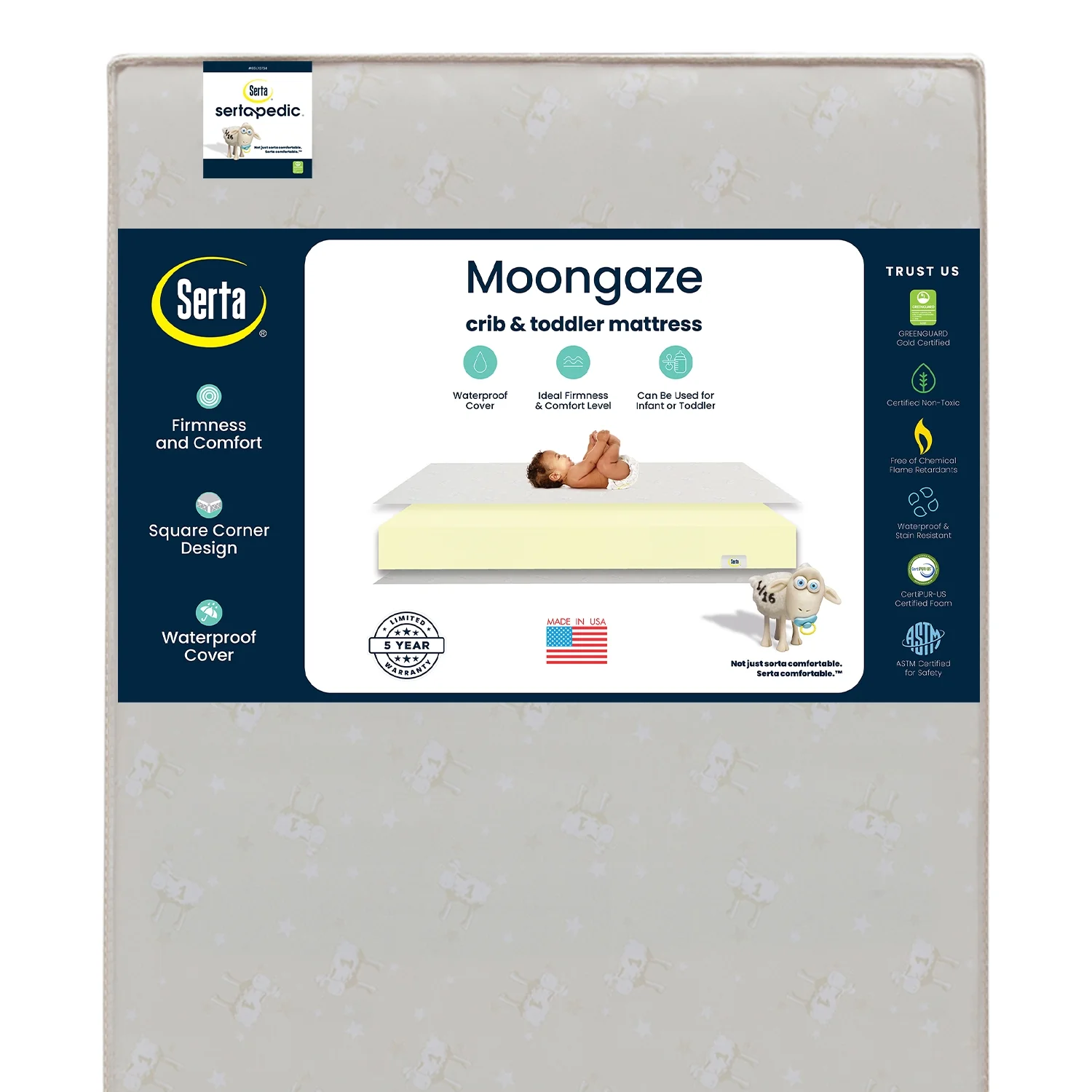 Serta Sertapedic Moongaze 5-inch Dual Sided Standard Baby Crib & Toddler Mattress- Sustainably Sourced Fiber Core - Waterproof - Lightweight - GREENGUARD Gold Certified (Non-Toxic) - 5 Year Warranty