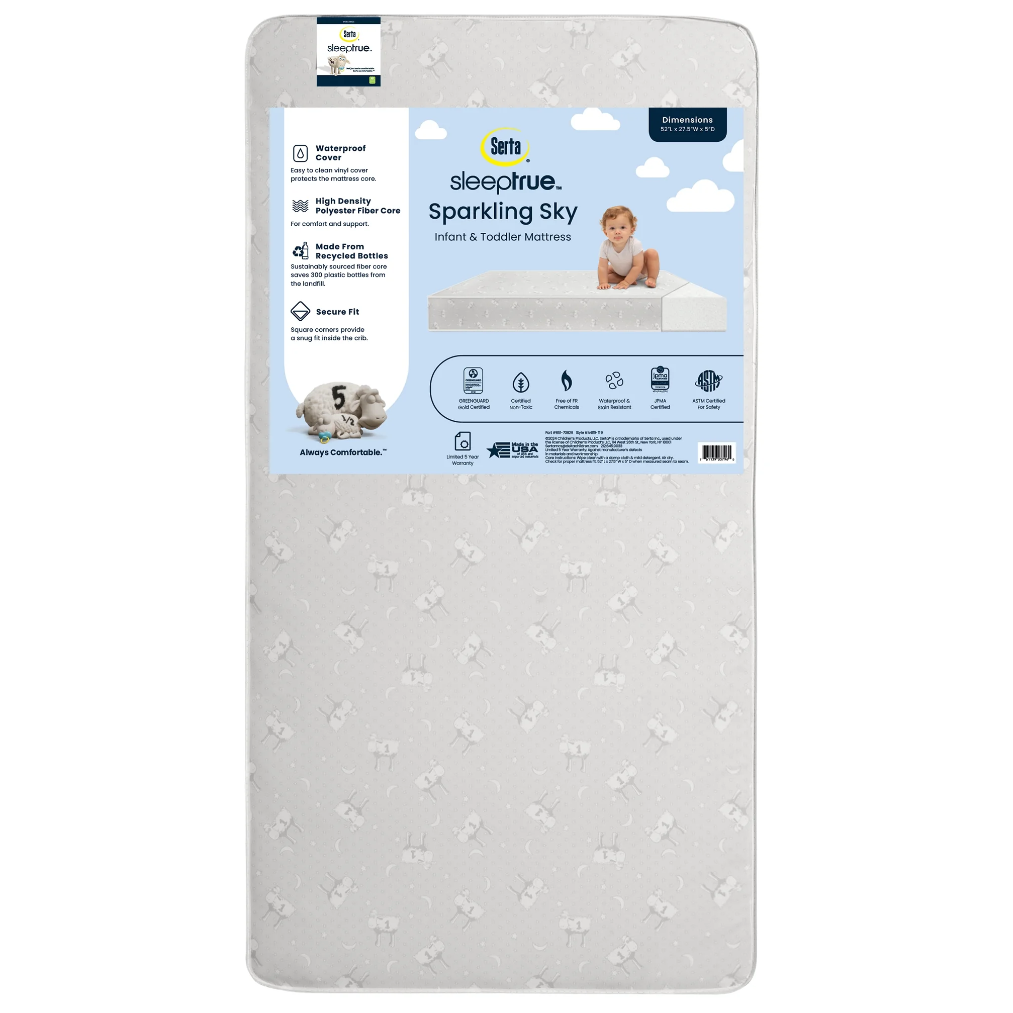 Serta SleepTrue Sparkling Sky 5" Dual-Sided Crib & Toddler Mattress - Sustainably Sourced Fiber Core - Waterproof - Lightweight - GREENGUARD Gold Certified - 5 Year Warranty