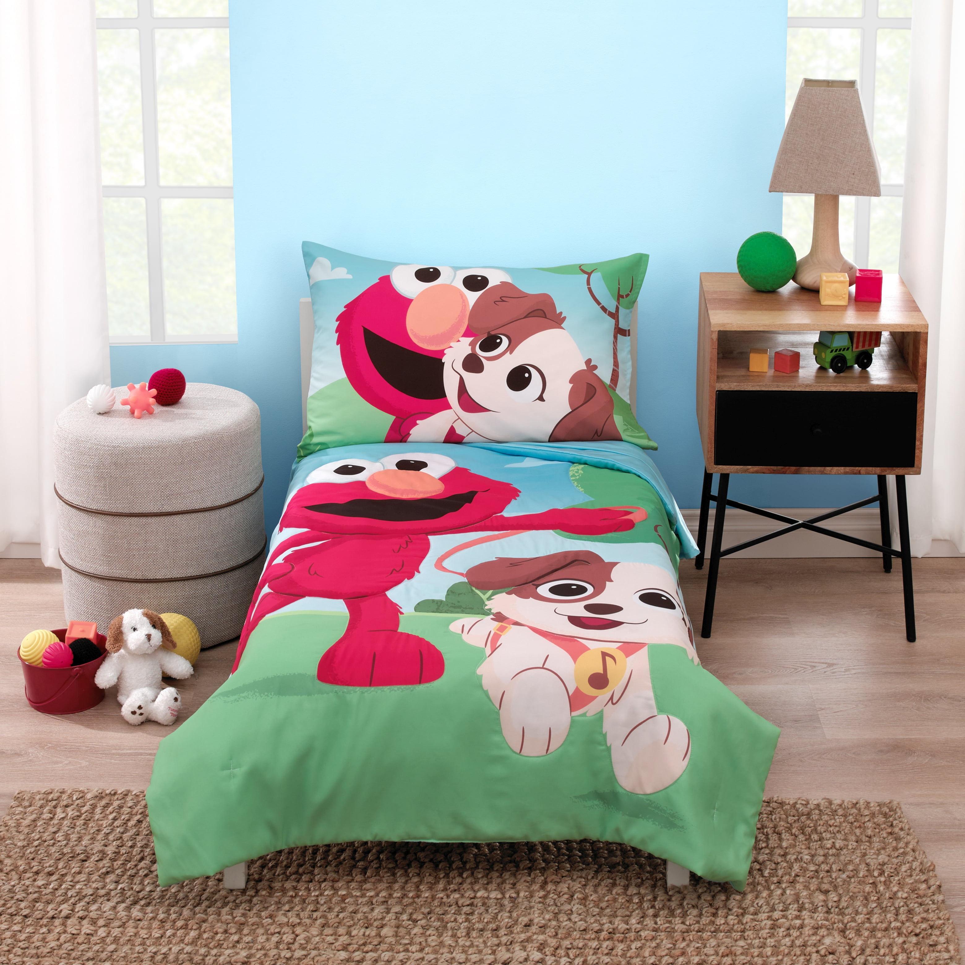 Sesame Street Furry Friends Elmo and Puppy 4 Piece Toddler Bed Set, Comforter, Top Sheet, Fitted Sheet, Pillowcase