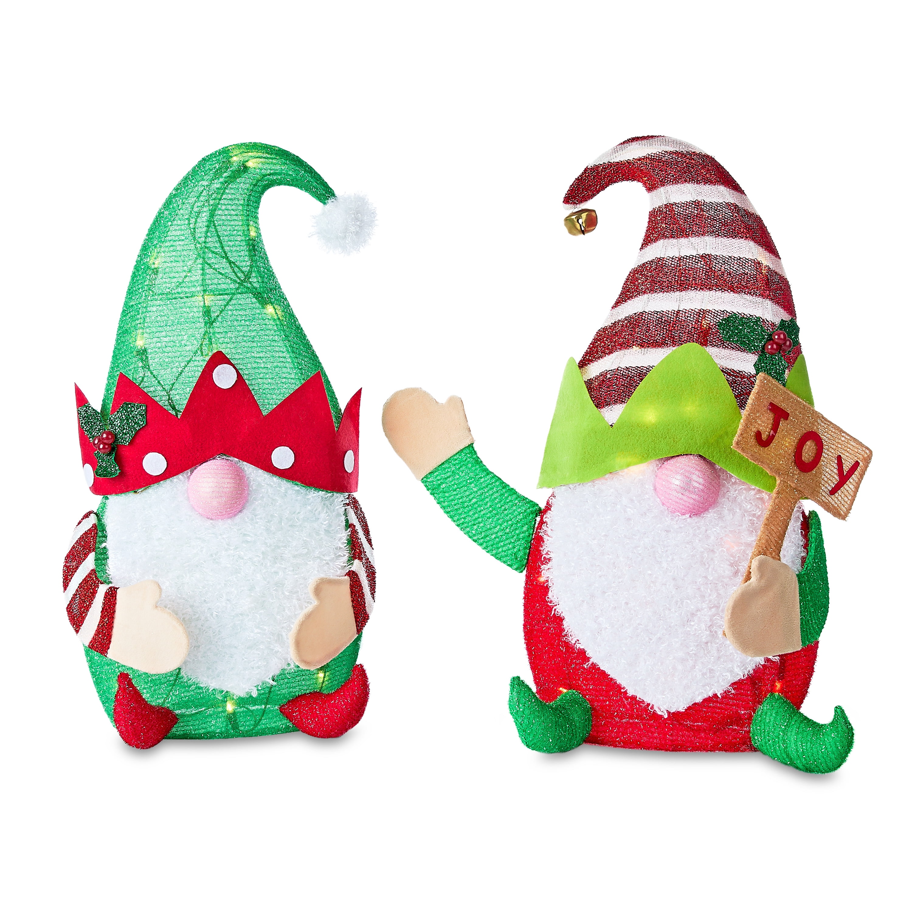 Set of 2 24" Light Up Tinsel Christmas Gnomes with 40 LED Lights; Holiday Time