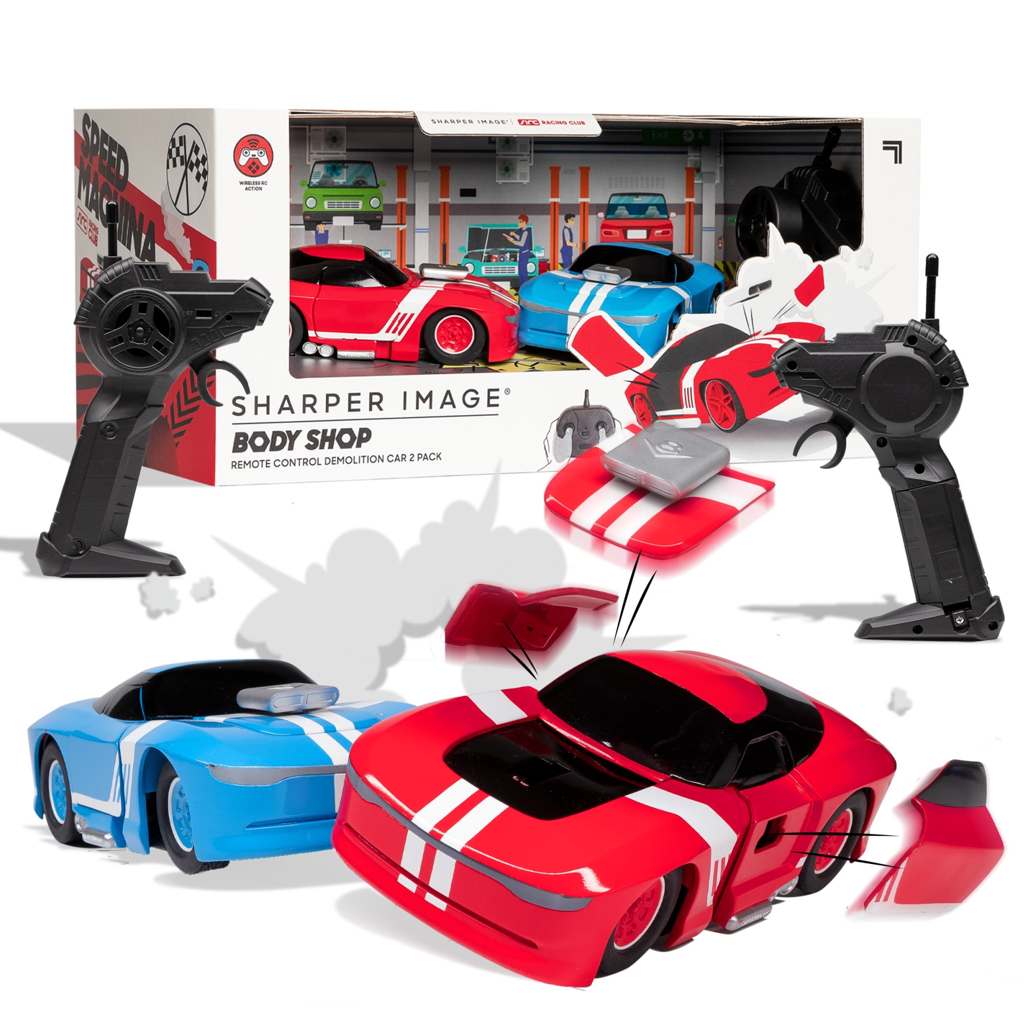 Sharper Image® Toy RC Body Shop Remote Control Demolition Car 2 Pack with Pop-on Parts, 2.4 GHz Long Range Wireless Control, Blue/Red, Age 6+