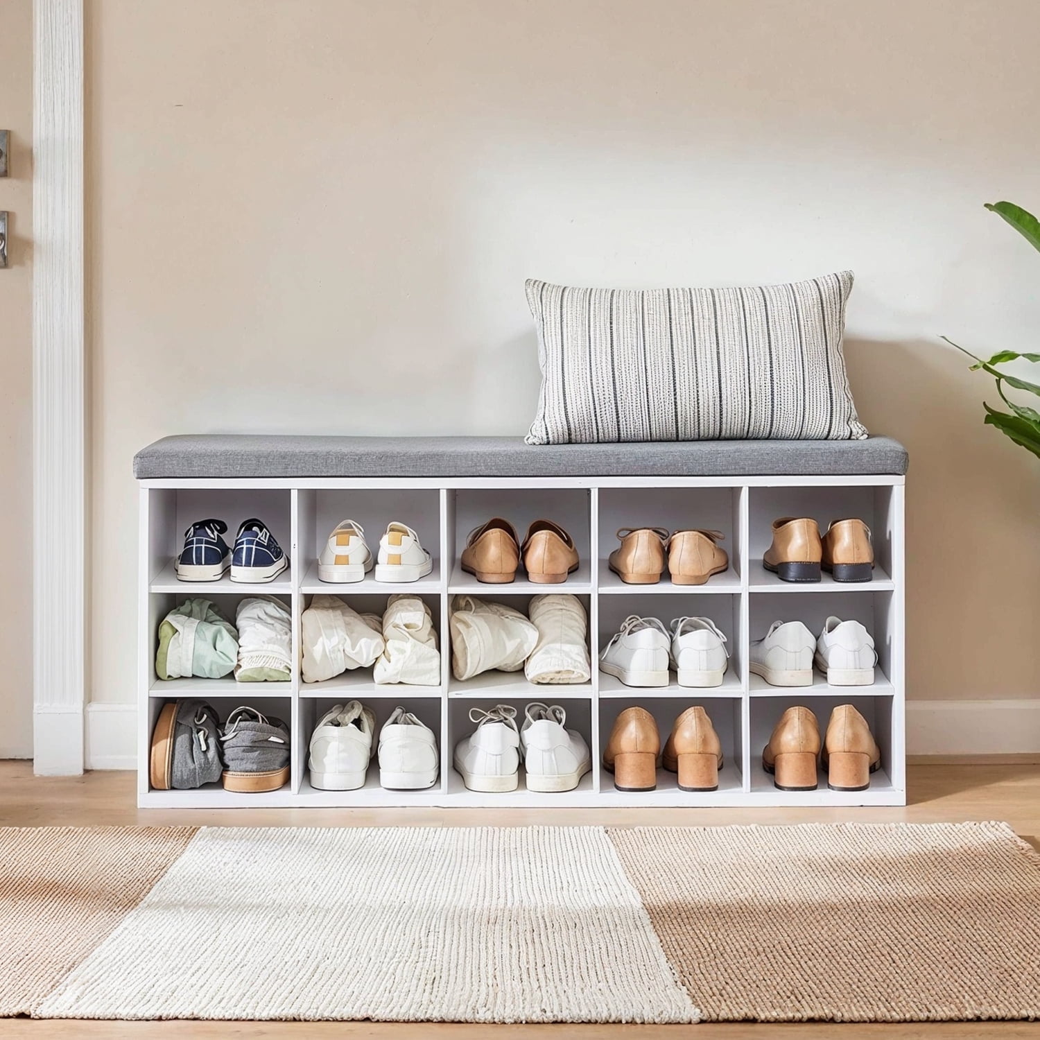 Shoe Rack Bench with Cushion 15 Compartments Sturdy Storage Bench Sturdy Shoes Bench for Entryway White