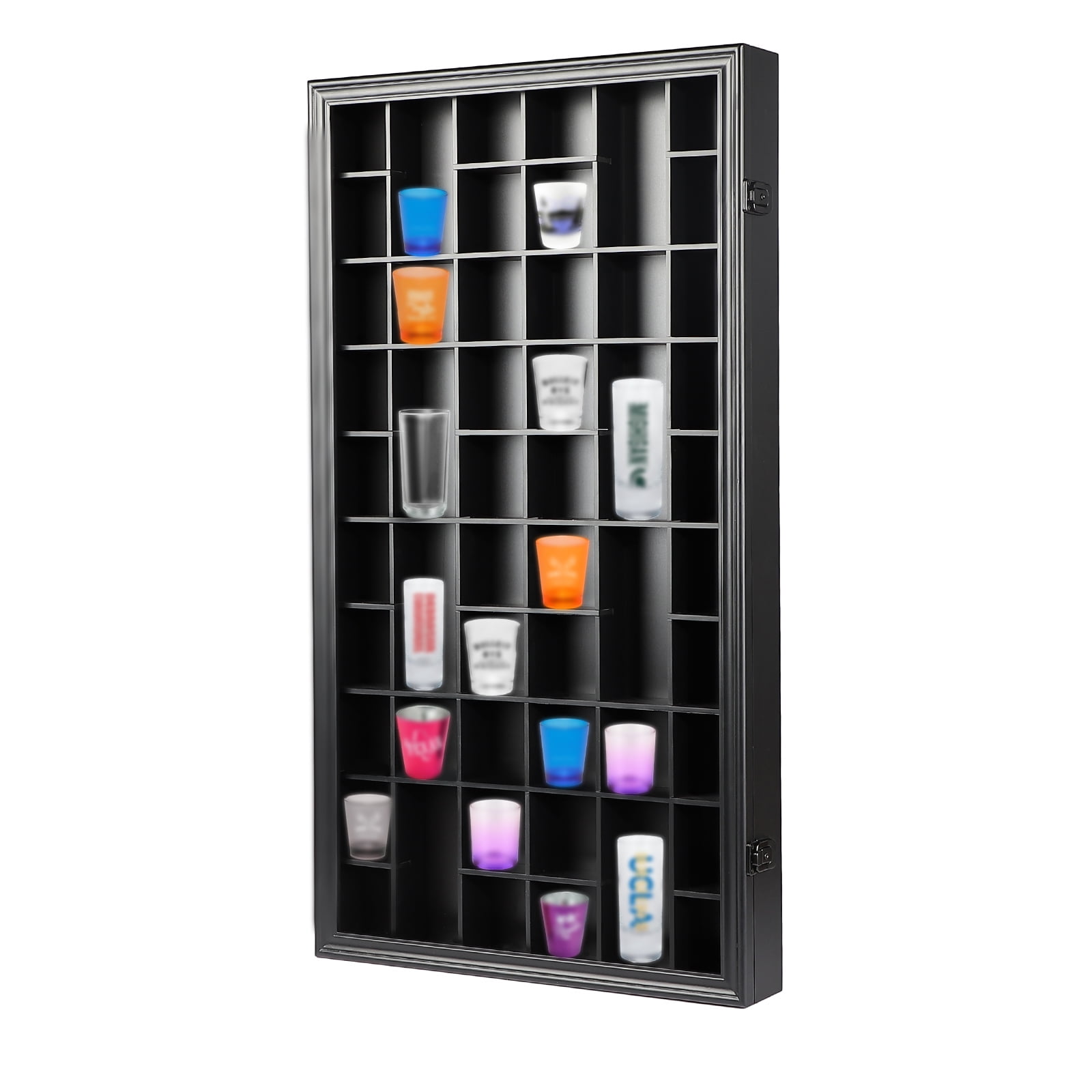 Shot Glass Display Case-Lockable Wall Mount Cabinet with 98% UV Protection Acrylic Panel and Removable Shelves for Collectibles Glass-Black Large