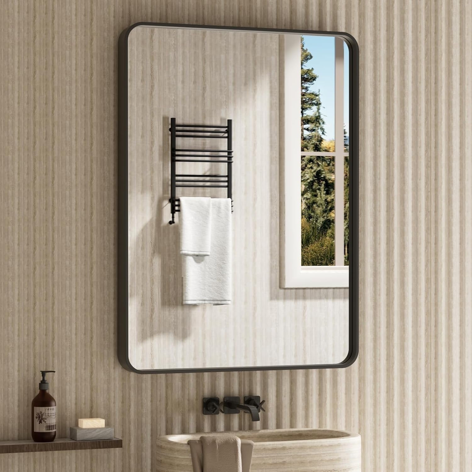 Swafrrt Black Bathroom Vanity Mirror for Wall, 24x32 inch Metal Framed Wall Mirror Rectangular with Tempered Glass, Anti-Rust, Hangs Horizontally or Vertically