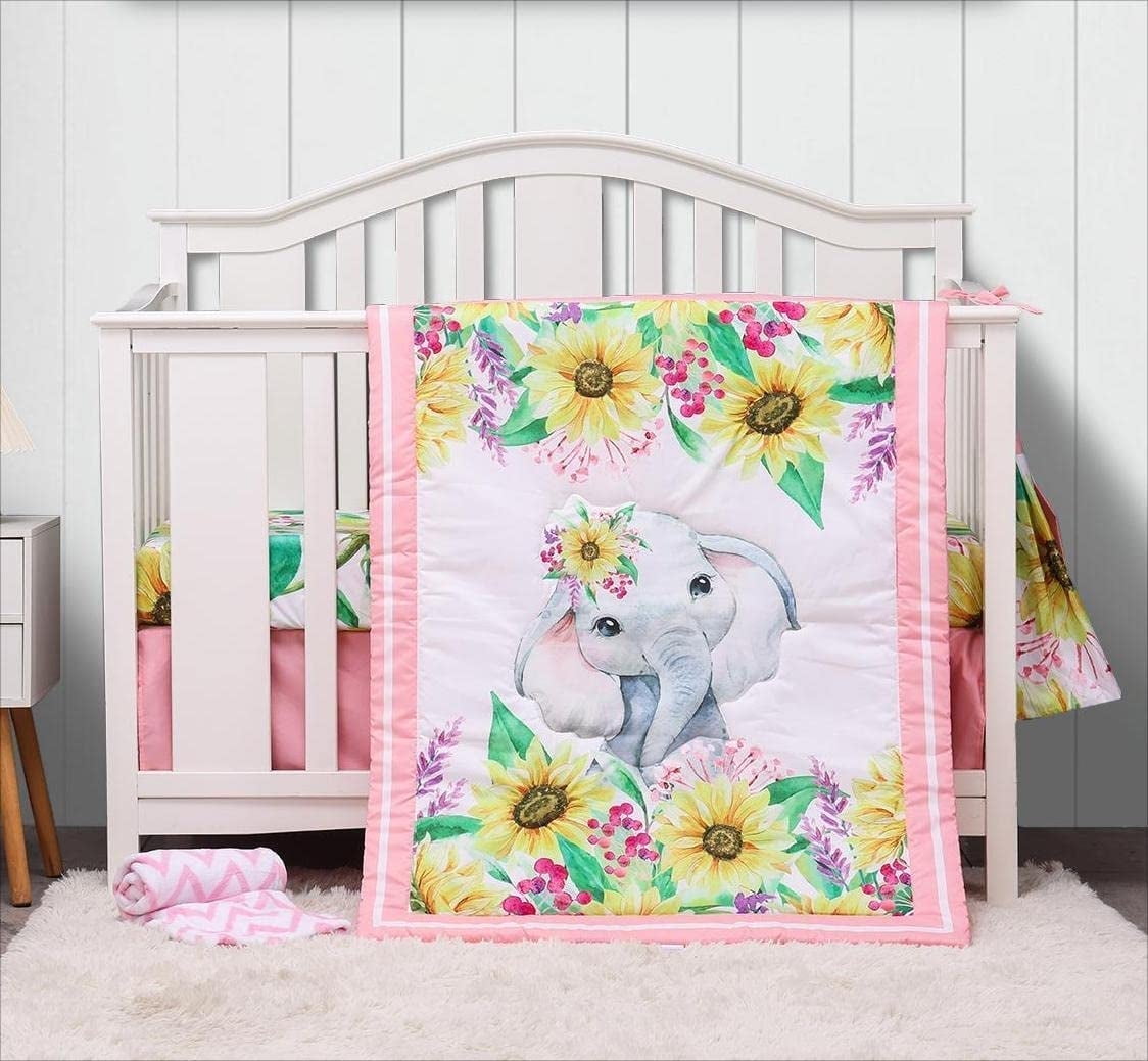 Sweet baba Pink Cartoon Elephant Crib Bedding Set for Girls,5 Piece-Crib Sheet/Crib Skirt/Quilt/Blanket/Diaper Bag